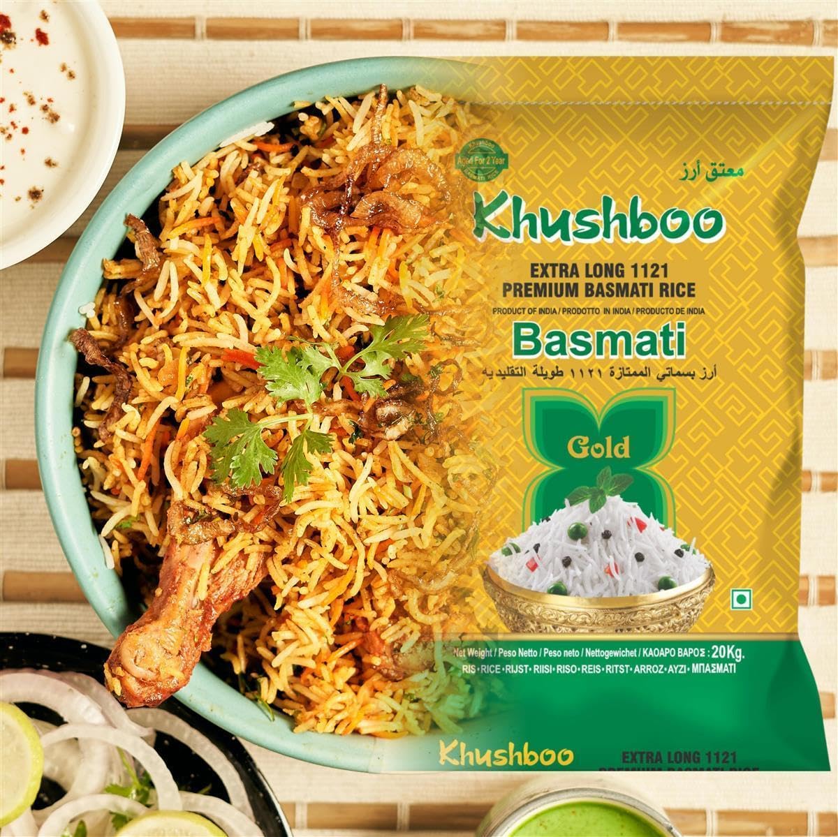 Khushboo Gold Premium 1121 Basmati Reis - 2x 20 kg - indischer Langkornduftreis - ohne Zusätze & höchste Qualität - ideal für Reisgerichte mit Relish & Chutney - angebaut in der Himalaya Region