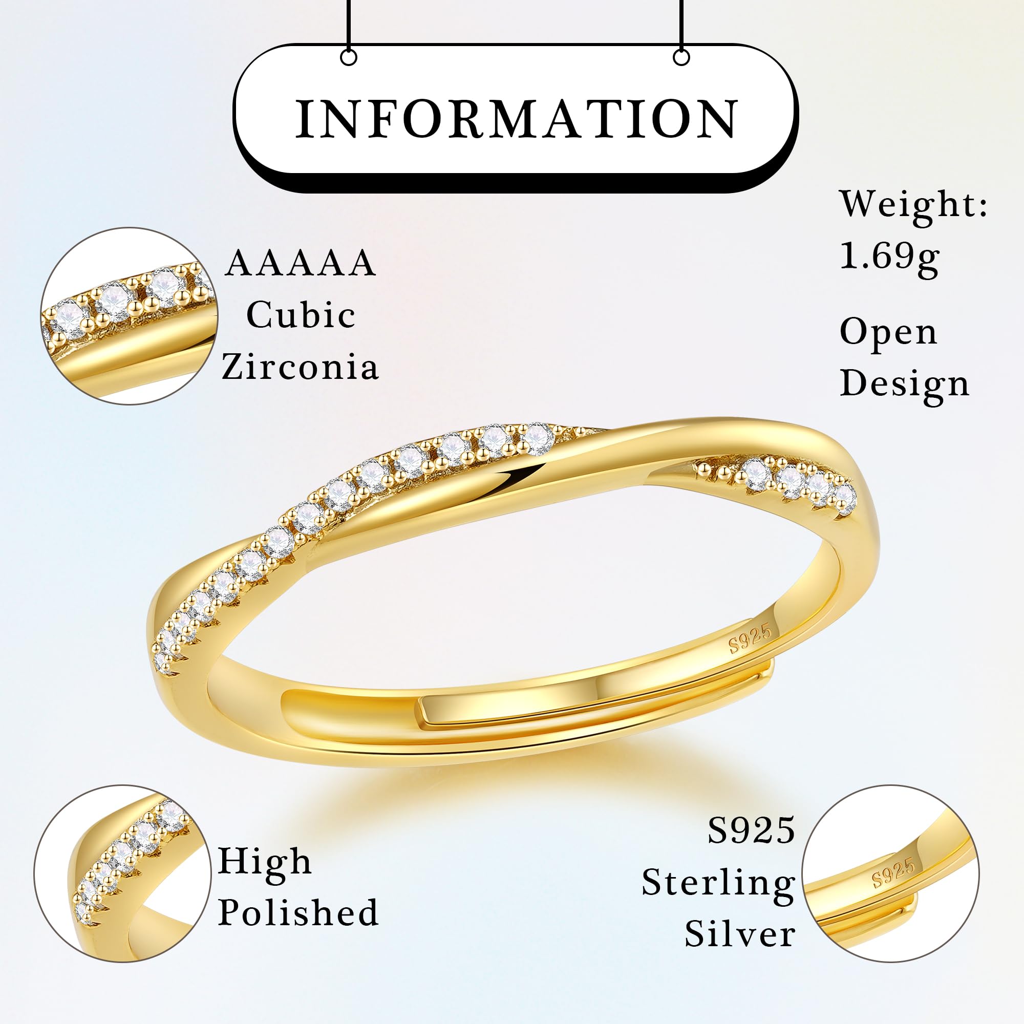 Macachii Anelli Donna Argento 925 Regolabile con Zirconia Cubica – Anelli Impilabili con Corda Torsadato, Anello Eternità, Anello di Nozze, Placcato Oro 14K Oro