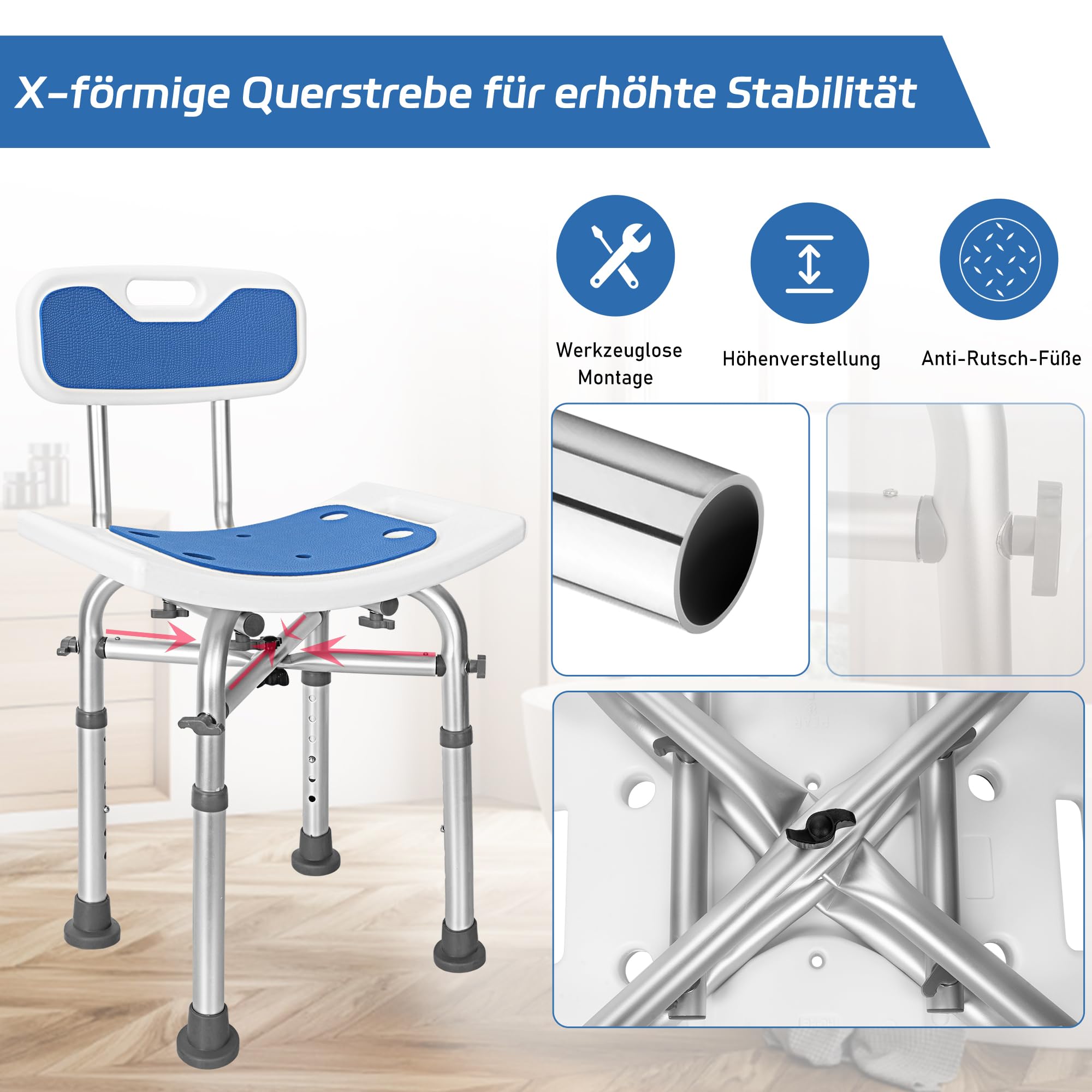 OUUTMEE Sedia da Doccia Con Schienale, Altezza Regolabile in 6 Livelli: 65-77 cm, Sedia da Doccia Per Anziani Con Piedini Antiscivolo, Capacità Massima Di Carico 136 kg