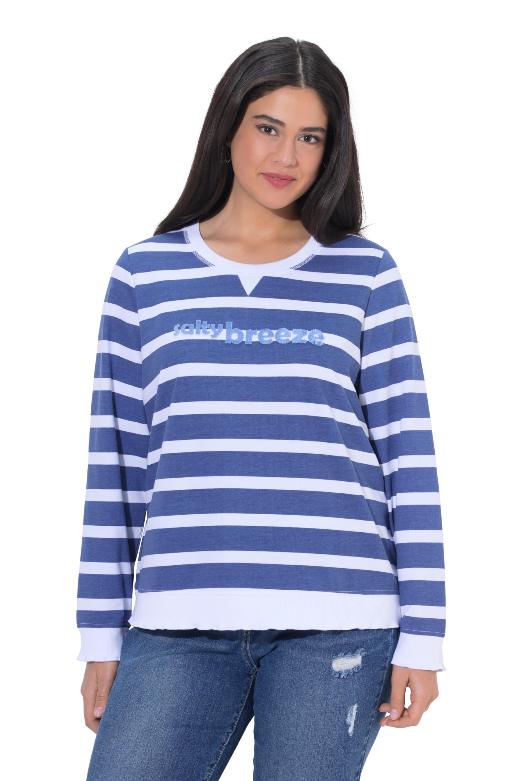 Ulla Popken Damen große Größen Übergrößen Plus Size Sweatshirt, Ringel, Schriftzug, Rundhals, Langarm 846755