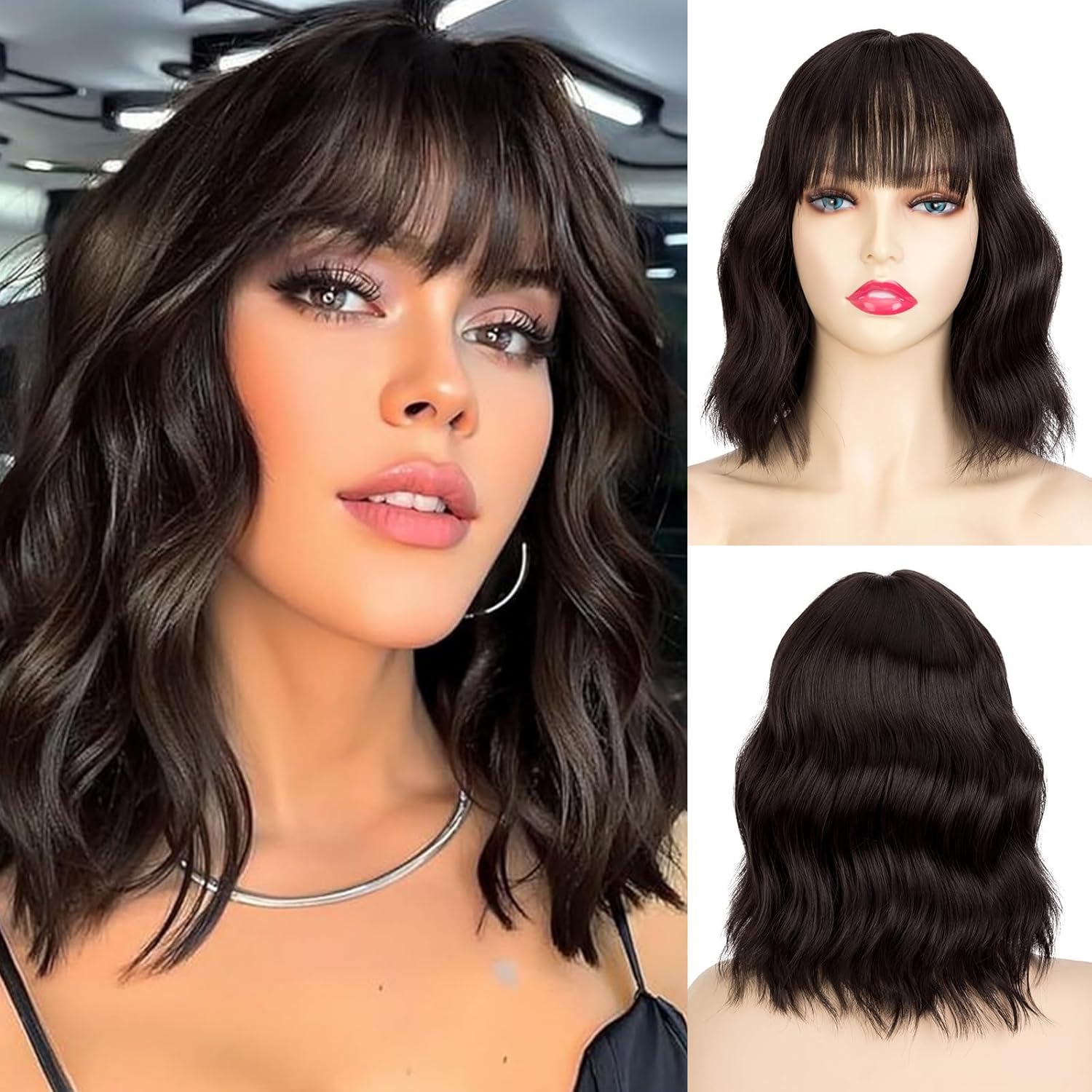 Bob Wig with Bangs 14 Inch Auburn Short Wavy Color Wigs for Women Synthetic Heat Resistant Bob Wigs For Women Daily Party Use(14 Inch Auburn)