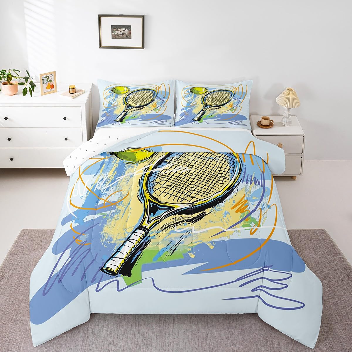 Tennis Sports Comforter Set Toddler Size Watercolor Street Graffiti Bedding Set Bedroom Decor Tennis Racket Quilt Set for Kids Boys Teens Modern Ball Gaming Theme Breathable Duvet Insert 2Pcs