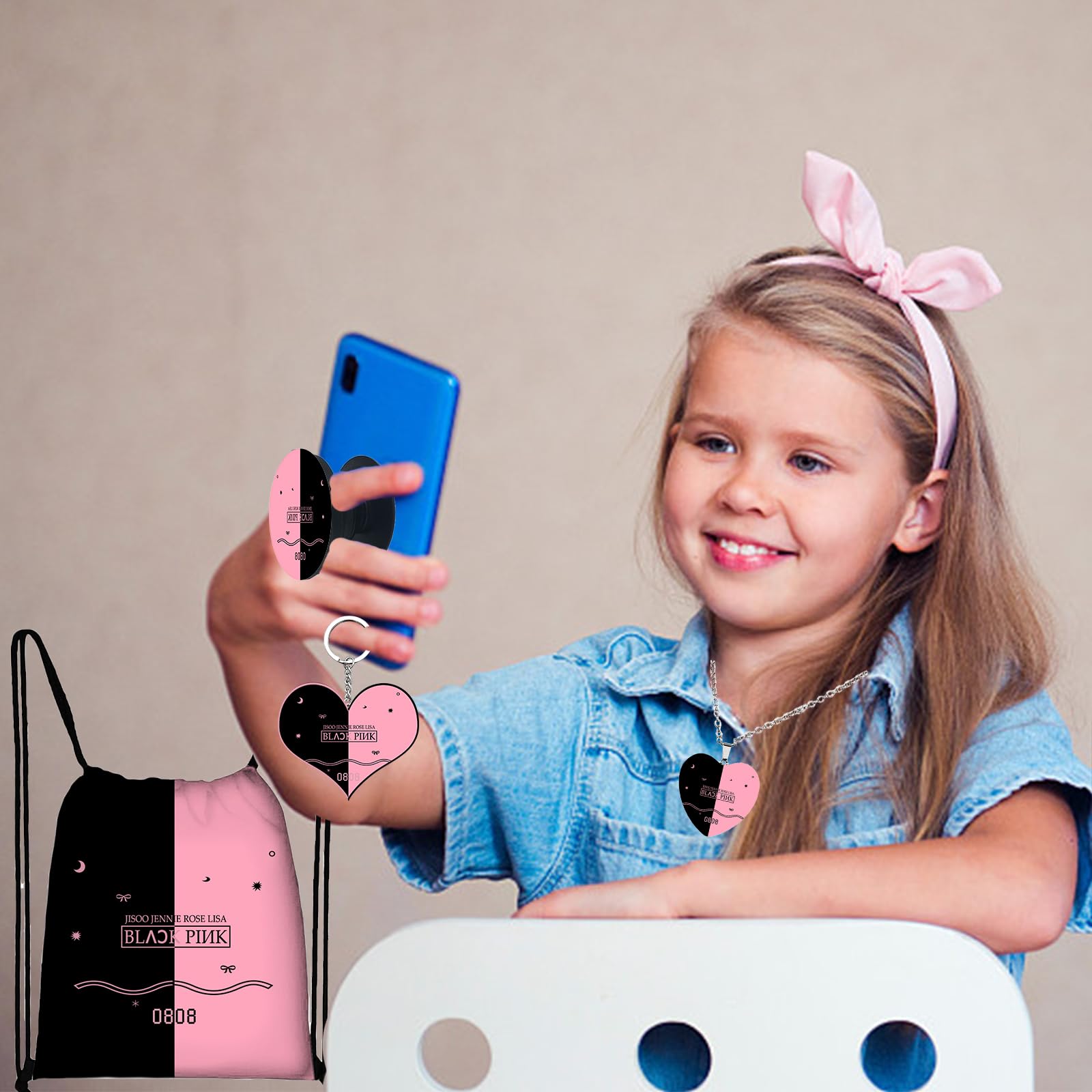 Zestaw fanowskich gadżetów Blackpink, prezent dla fanów Blink, torebka Blackpink Merchandise Kpop, kluczyk z naklejkami i uchwytem na telefon