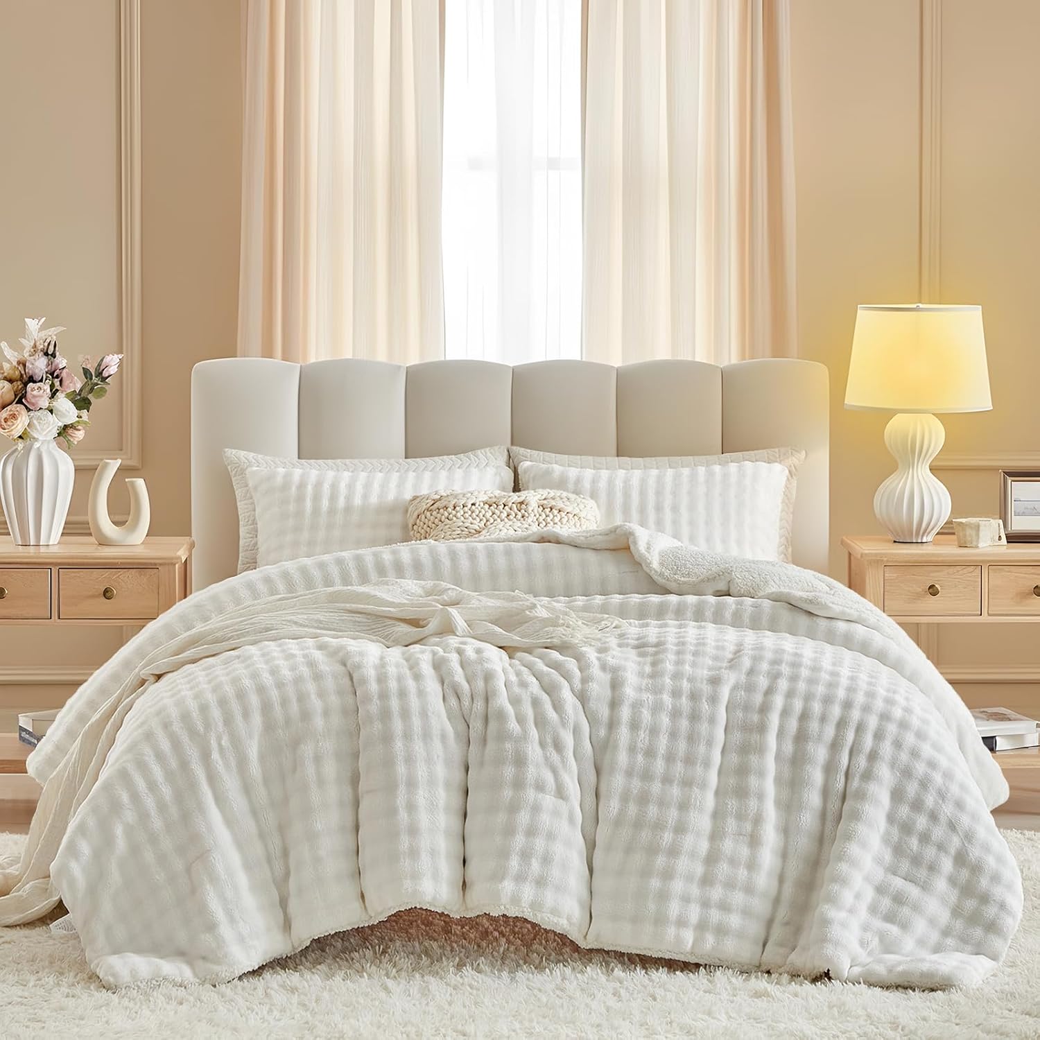 Flannel Fluffy Comforter Set - 3 Pieces Faux Rabbit Short Fur Bedding SetUltra Soft Warm Winter Sherpa Bedding Set for Girls Women, Skin Friendly Fleece Comforter Bed Set & 2 Pillow Shams Queen White