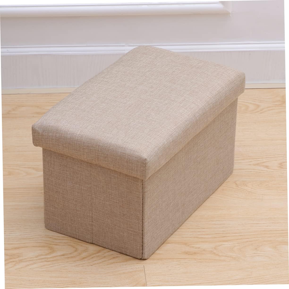 Foldable Storage Box with Top Beige Linen Fabric Chest Foot Rest for Bedroom Living Lightweight Portable for Home Travel and Outdoor Use