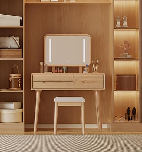 KungFuWood - Escritorio de Tocador de Madera Maciza con Espejo y Luces, Altura Ajustable y 3 Modos de Iluminación, Tocador de Maquillaje con 3