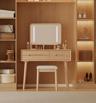 KungFuWood Solid Wood Vanity Desk with Mirror and Lights,Adjustable Height and 3 Lighting Modes, Makeup Vanity with 3 Drawers,Easy Assemble Vanity Table,Dressing Table for Bedroom and Living Room