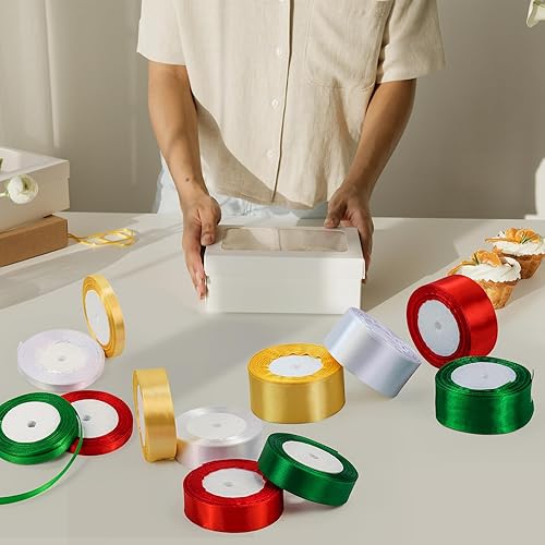 Miniatura 7 de 4 rollos de cintas de Navidad de 100 yardas, cinta de satén de poliéster de 38 pulgadas de ancho para envoltura de regalos, Navidad, decoración de