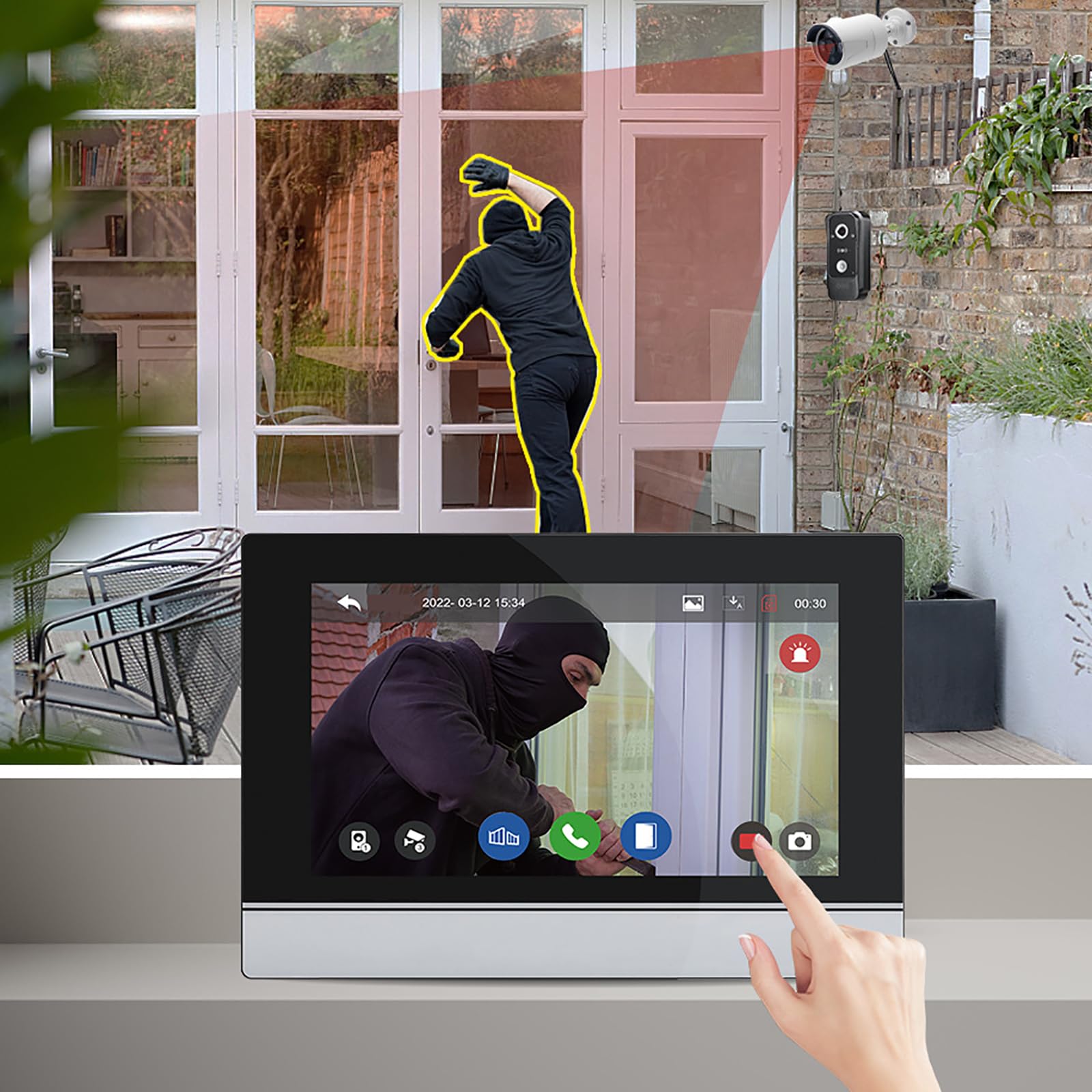 1080P Wireless Video Door Intercom, Video Door Intercom, IP Video Door Intercom, Verdrahtete Video-Türklingel Wohnung Gegensprechanlage(1 Glockenspiel+1 Bildschirm+2 Kamera)
