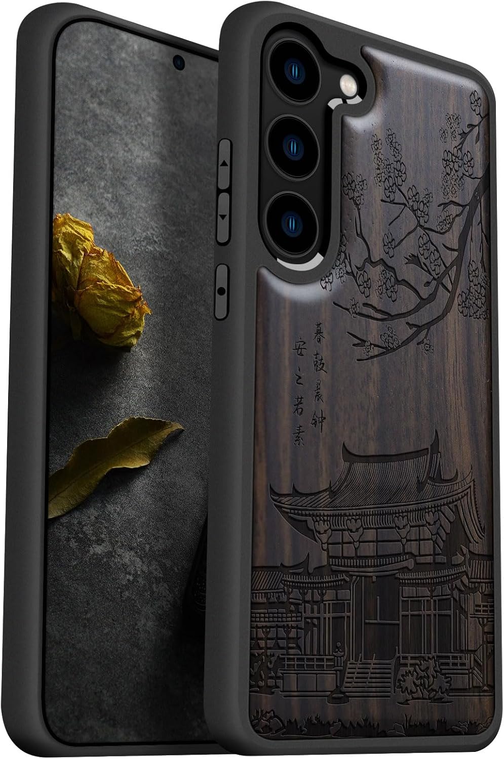 Carveit Wood Case for Galaxy S23 Case [Natural Wood & Black Soft TPU] Shockproof Protective Cover Unique Wooden Design Compatible with Samsung S23 (Traditional Temple-Walnut)