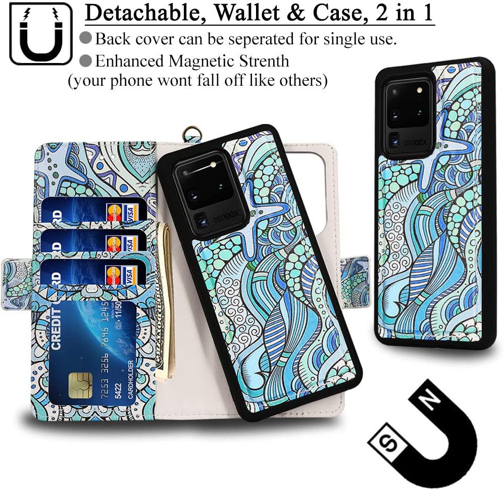 Mefon Galaxy S20 Ultra Case Wallet Detachable, Wireless Charging Compatible, Durable Slim, 2 in 1 Magnetic Detachable Flip Cover Leather Folio Phone Cases for Samsung Galaxy S20 Ultra (Starfish Ocean)