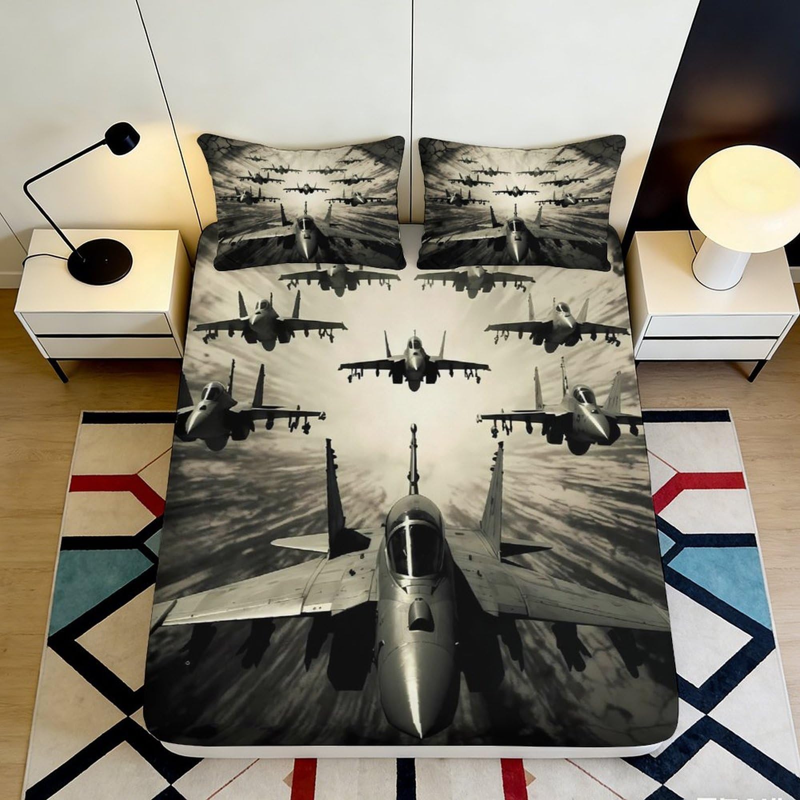 Pnayamiorkfel Style-3 3D Printed Fighter Jet Squadron Fitted Sheet Microfiber Black Grey Aircraft Bed Cover For Bedroom Guestroom Easy Care 90X200x25cm