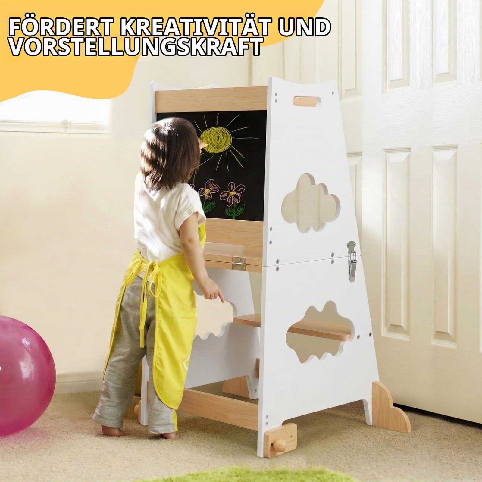KIDINIX Lernturm ab 1 Jahr, 3 in 1 Montessori Learning Tower mit Sicherheitsgeländer und Tafel, Klappbarer Lernstuhl Kinder mit Tischfunktion für Küche, Bad (Natur & Weiß)