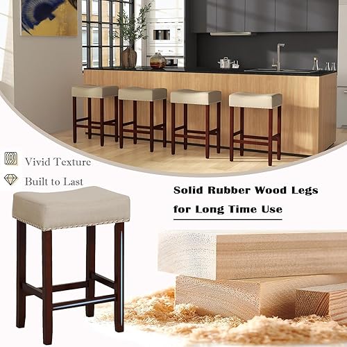 Miniatura 6 de ERGOMASTER Taburetes de bar, 24 pulgadas, modernos taburetes de sillín, madera de caucho, caqui/marrón, juego de 2 Caqui/Marrón,Beige claro/madera