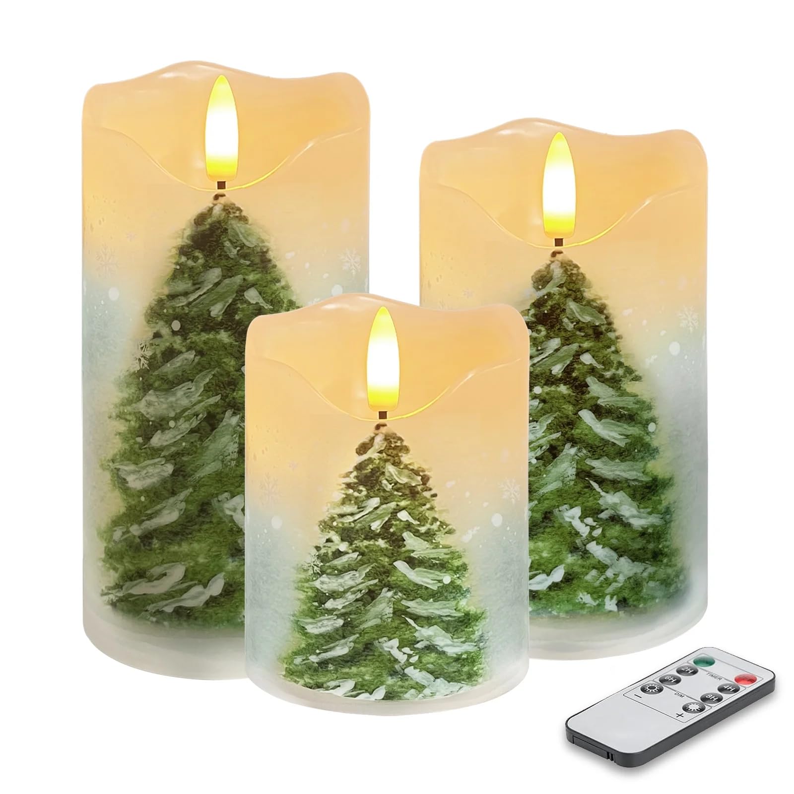 AVEKI Flickering Flameless Candles, Real Wax Battery Operated LED Candle with Remote Timer & Brightness Function, Set of 3 Pillar Candles Lights Decor for Festival Wedding Home (Christmas Tree)