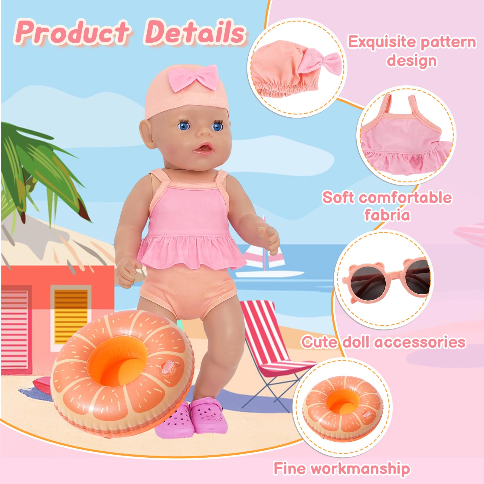 Set da 6 pezzi da nuoto per bambole, abbigliamento estivo per bambole da 14 a 18 pollici, con cuffia da bagno, costume da bagno, anello da nuoto, occhiali da sole, infradito per bambole da 30 – 43 cm