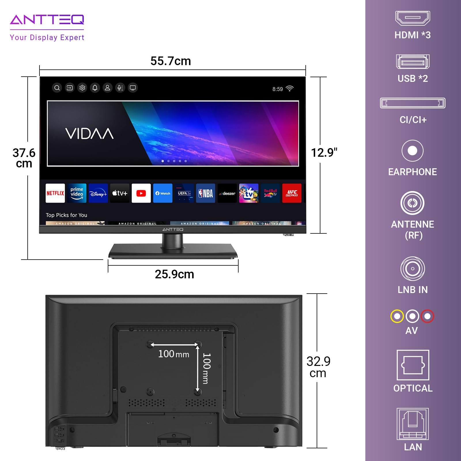Antteq V25-AF3Q1 Smart TV 25 Pouces (64cm) Full HD,Vidaa OS Télévision avec Triple Tuner Appli Mobile,APP Store,Netflix/DAZN/WiFi, HDMI