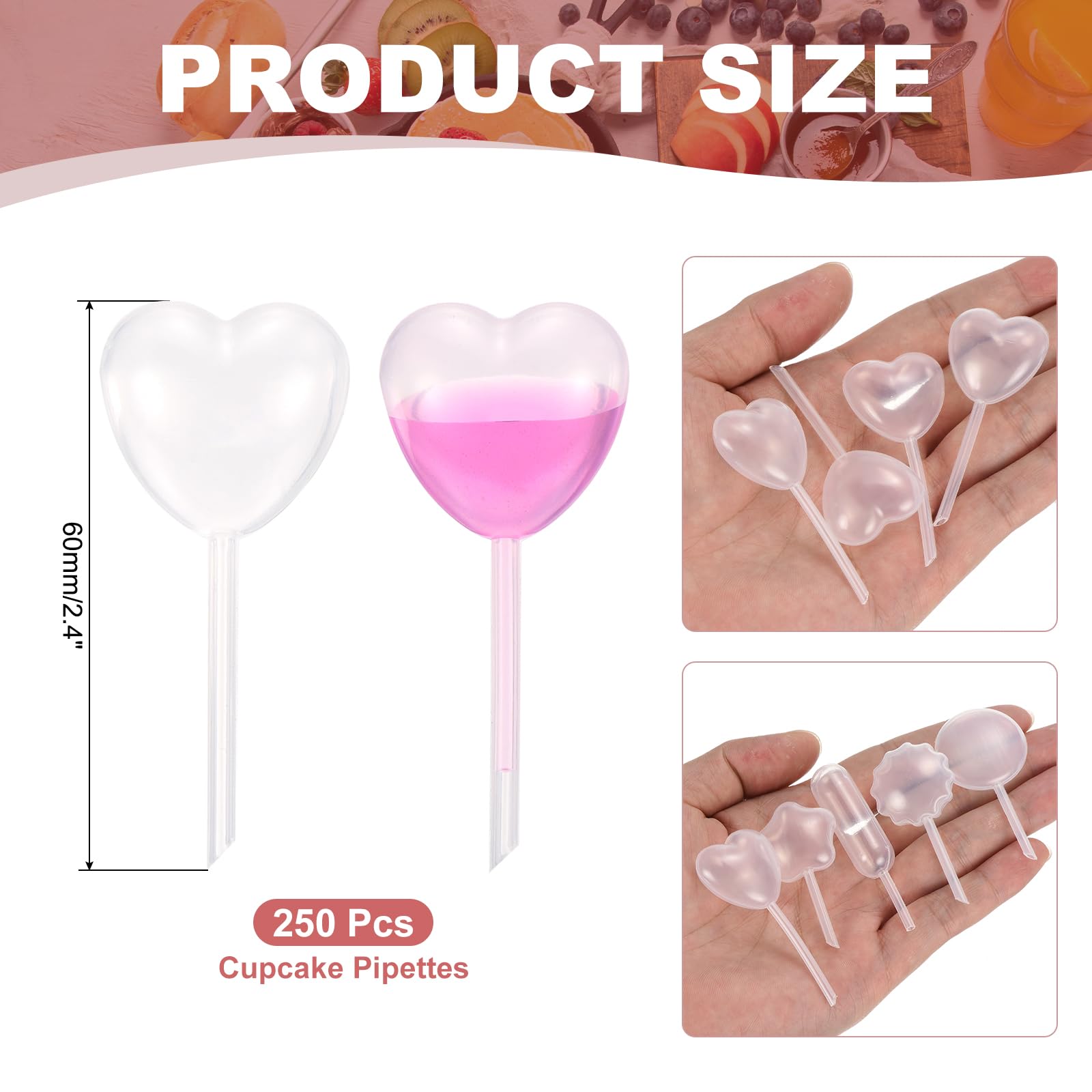 PATIKIL Pipetas para Cupcakes, 250 Pcs 4ml Pipetas Desechables de Plástico Pipetas de Fresa Pipetas de Transferencia Goteros para Cupcakes Postres, Transparentes, Forma de Corazón