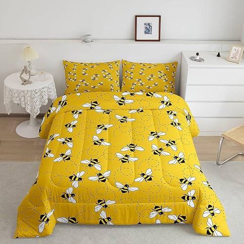Feelyou Lindo juego de edredón de abejas, tamaño individual, juego de ropa de cama de abejas y flores de dibujos animados, edredón decorativo de