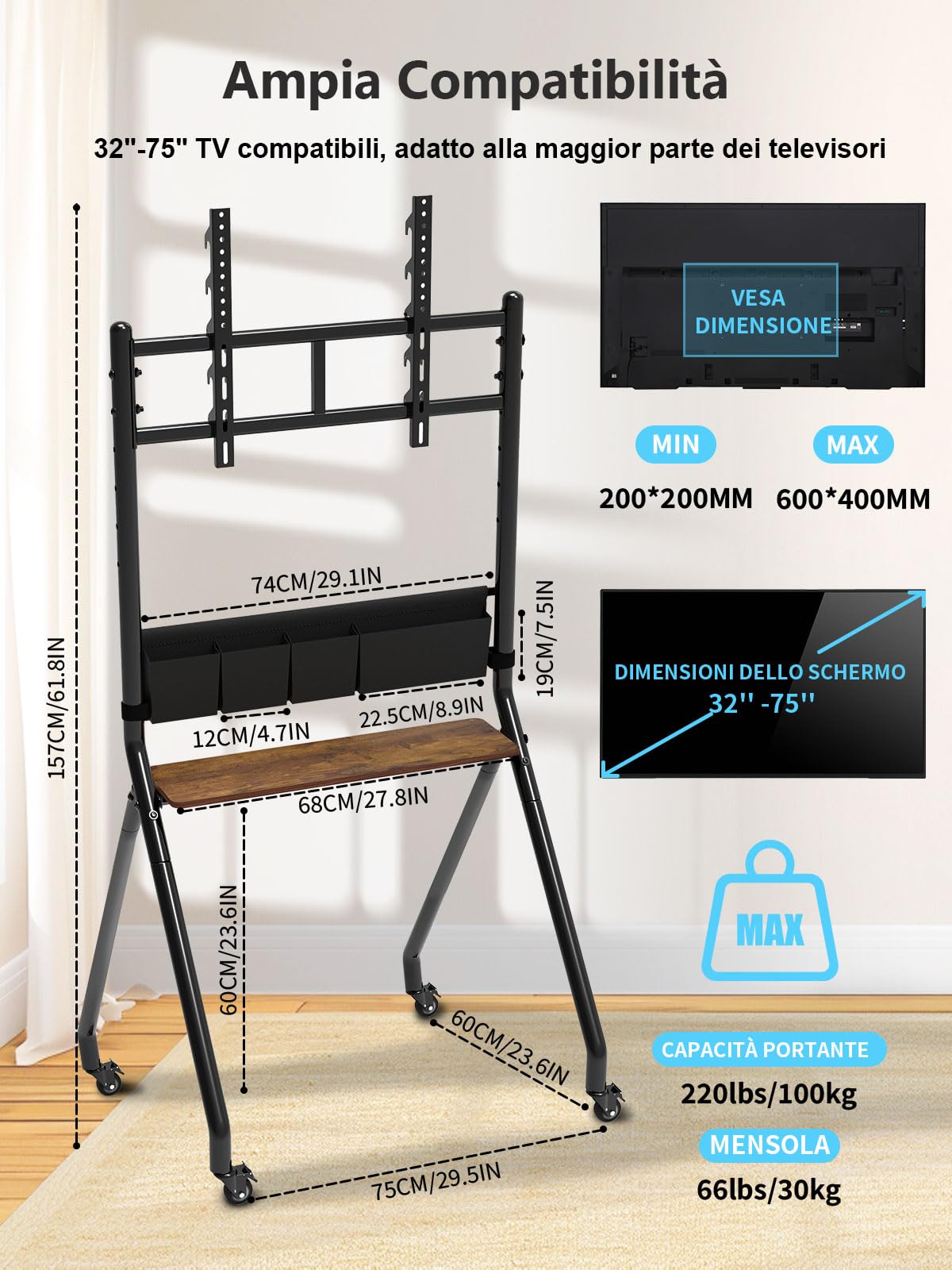 Mobile TV con borse portaoggetti, design estetico anti-collisione, carrello mobile per TV LCD/LED/OLED da 32 a 75 pollici, supporta fino a 99,8 kg, altezza regolabile con ruote silenziose bloccabili