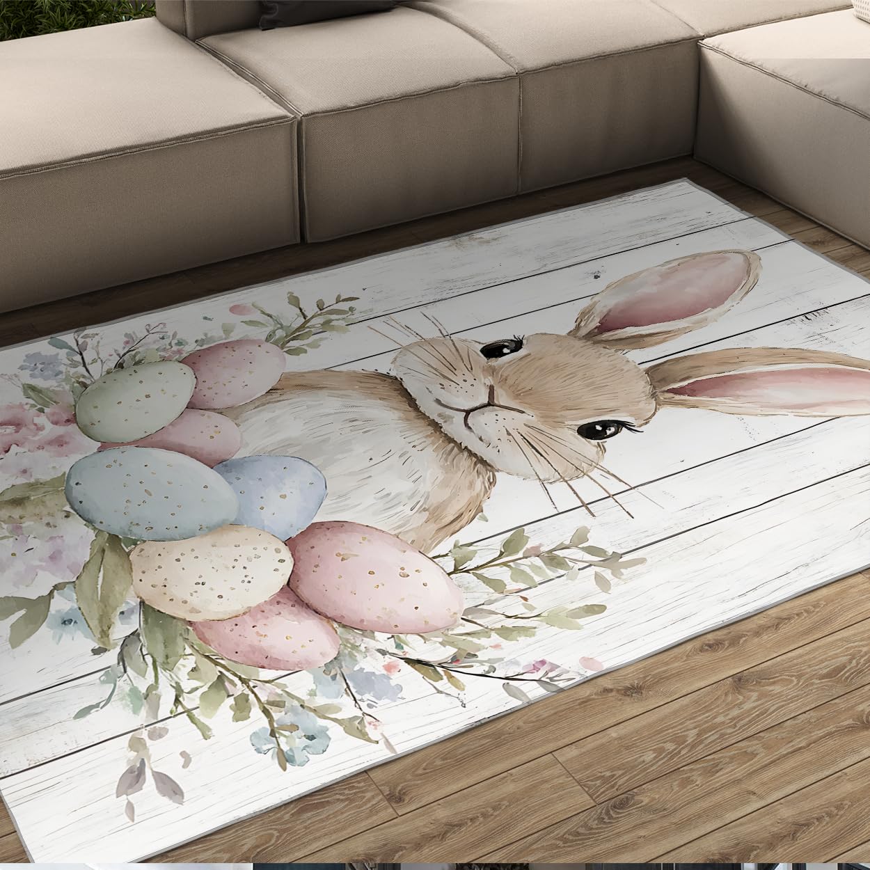 Tapis de salon lapin de Pâques 160x230cm aquarelle fond bois