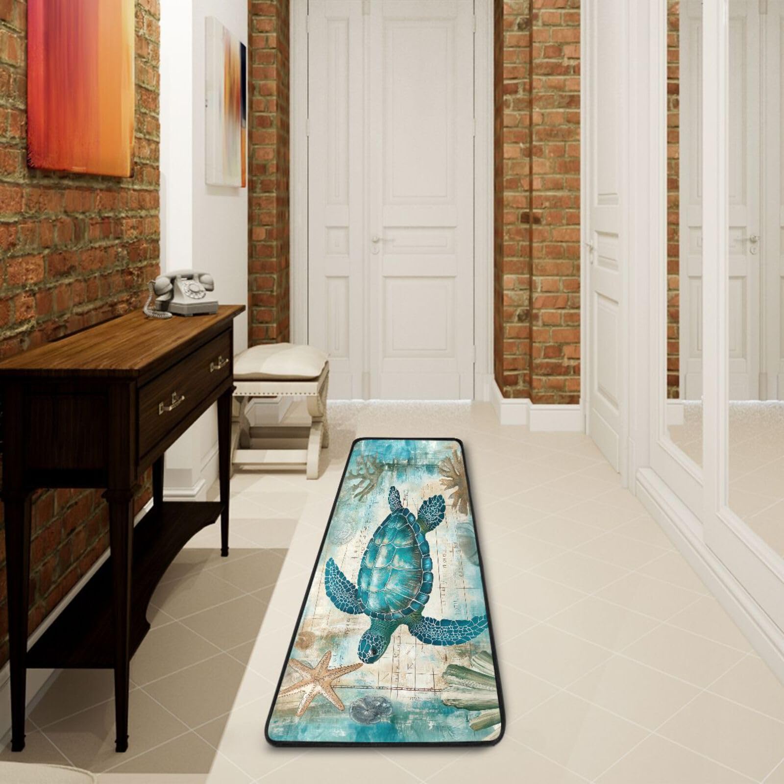 Sea Ocean Turtle Retro Map Runner Rug Kitchen Starfish Non Slip Doormat Area Rugs Runner Mats for Hallway Bedroom Bathroom Entryway Indoor Outdoor