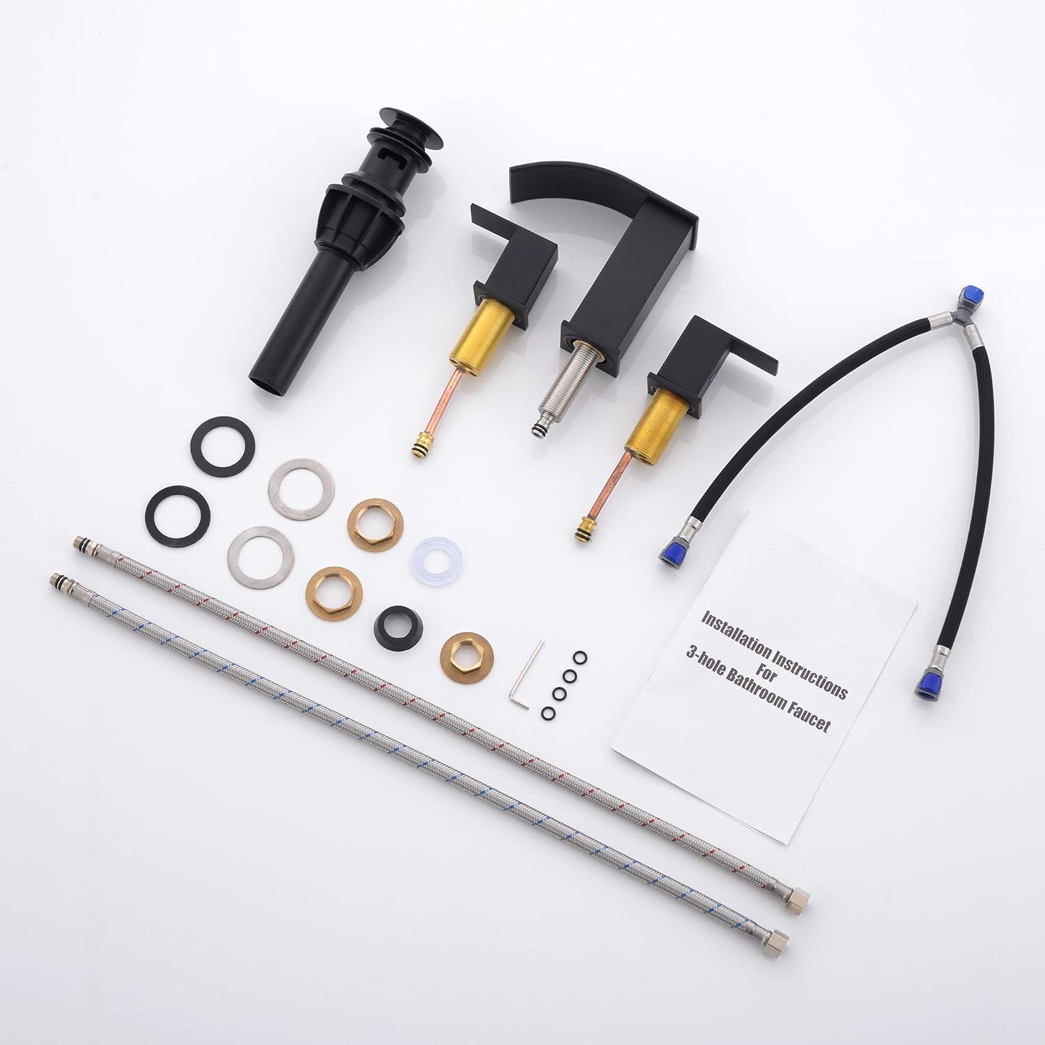 Black Waterfall Bathroom Faucet 3 Holes - 8Inch Widespread Bathroom Sink Faucet | Two Handles Modern Vanity Sink Faucets with Overflow Pop-up Drain & Supply Lines Matte Black Upgraded - Image 7