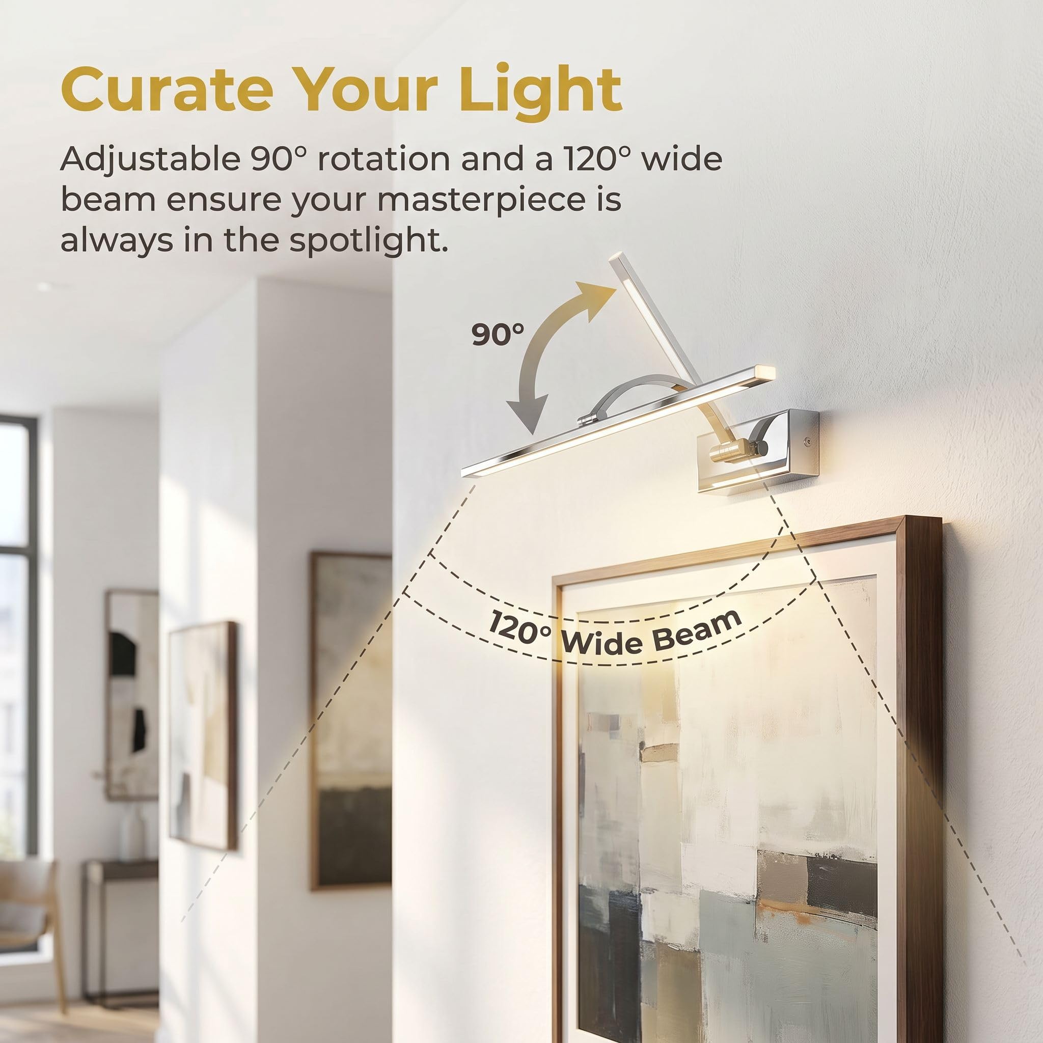 BARCELONA LED Aplique LED para Cuadros 6W Ajustable Cromado | Lámpara de Pared Interior con Brazo Orientable | Luz Cálida 2700K | Iluminacuadros LED CRI>80 para Fotos, Arte, Espejos, Salón y Galerías