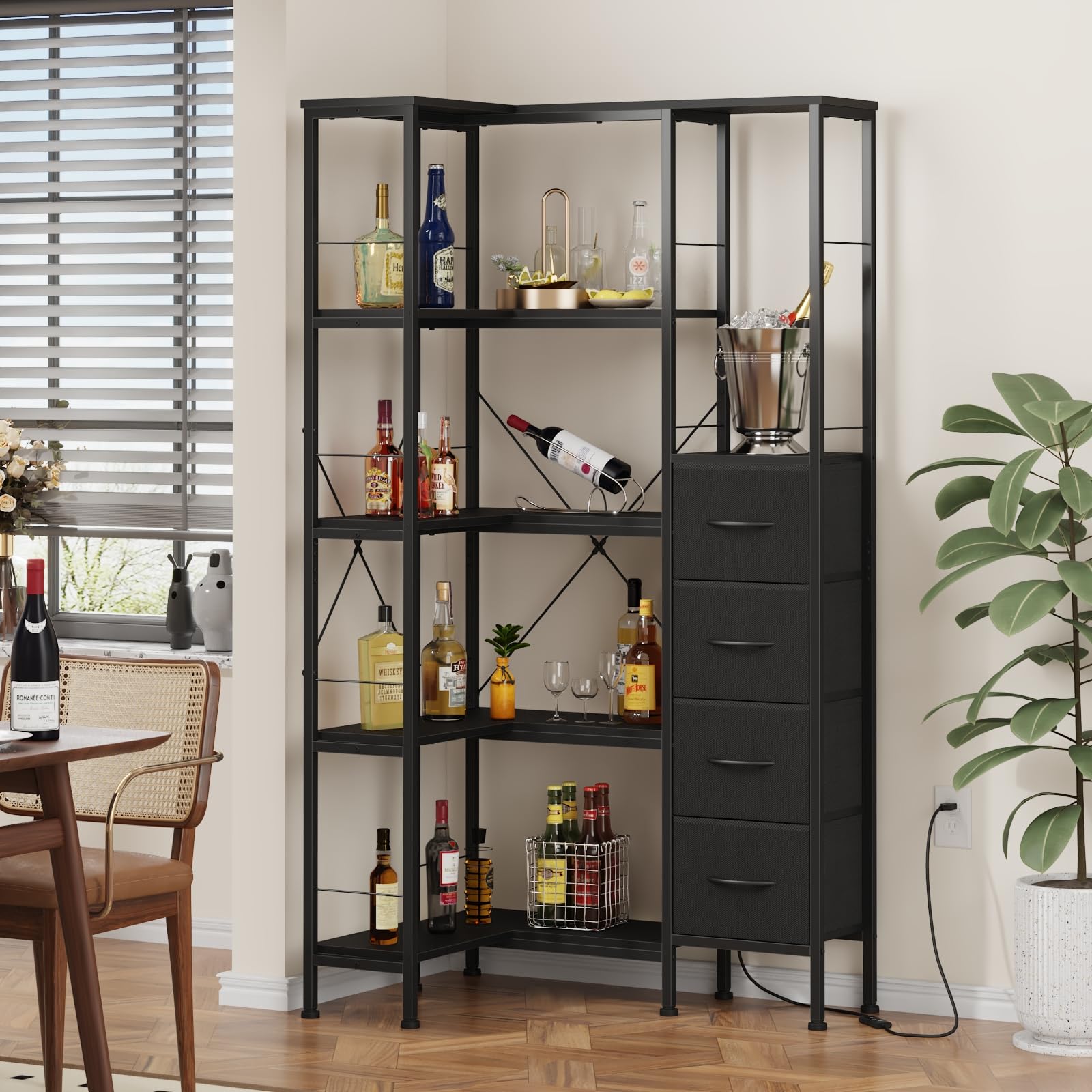Estanteria Esquina con Iluminación LED, Estanterias Almacenaje de 5 Niveles con 4 Cajones de Tela, Estanteria Libros, Estanteria para Sala de Estar, Dormitorio, Oficina, Negro