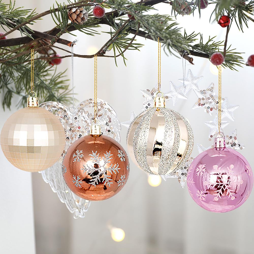 44 esferas de Navidad para árbol de Navidad, decoraciones de árbol de Navidad, esferas colgantes para decoración de vacaciones, bodas, fiestas (champán, café-rosa)