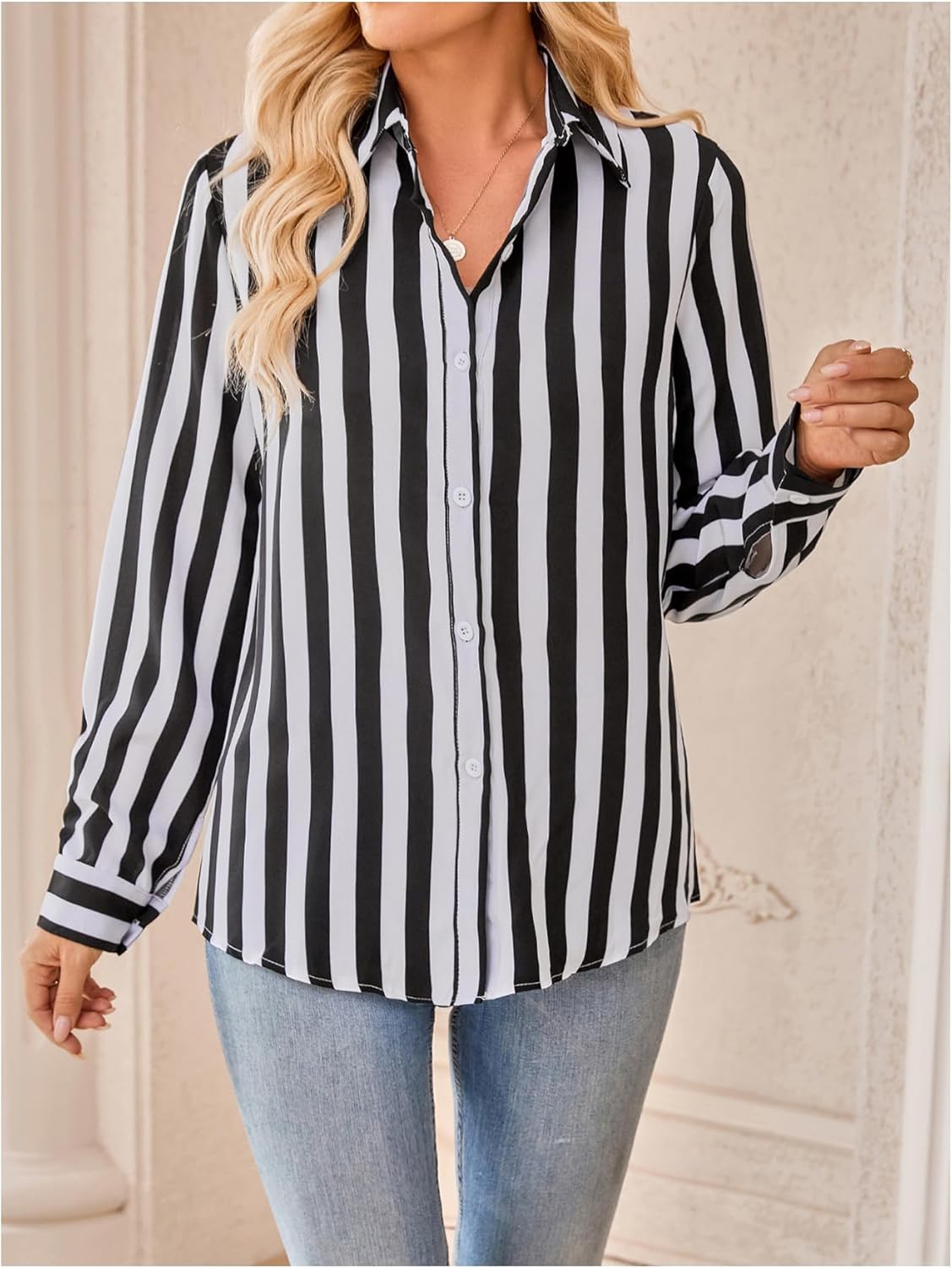 SweatyRocks Women's Long Sleeve Button Down Dressy Casual Collared Striped Blouse - Image 5