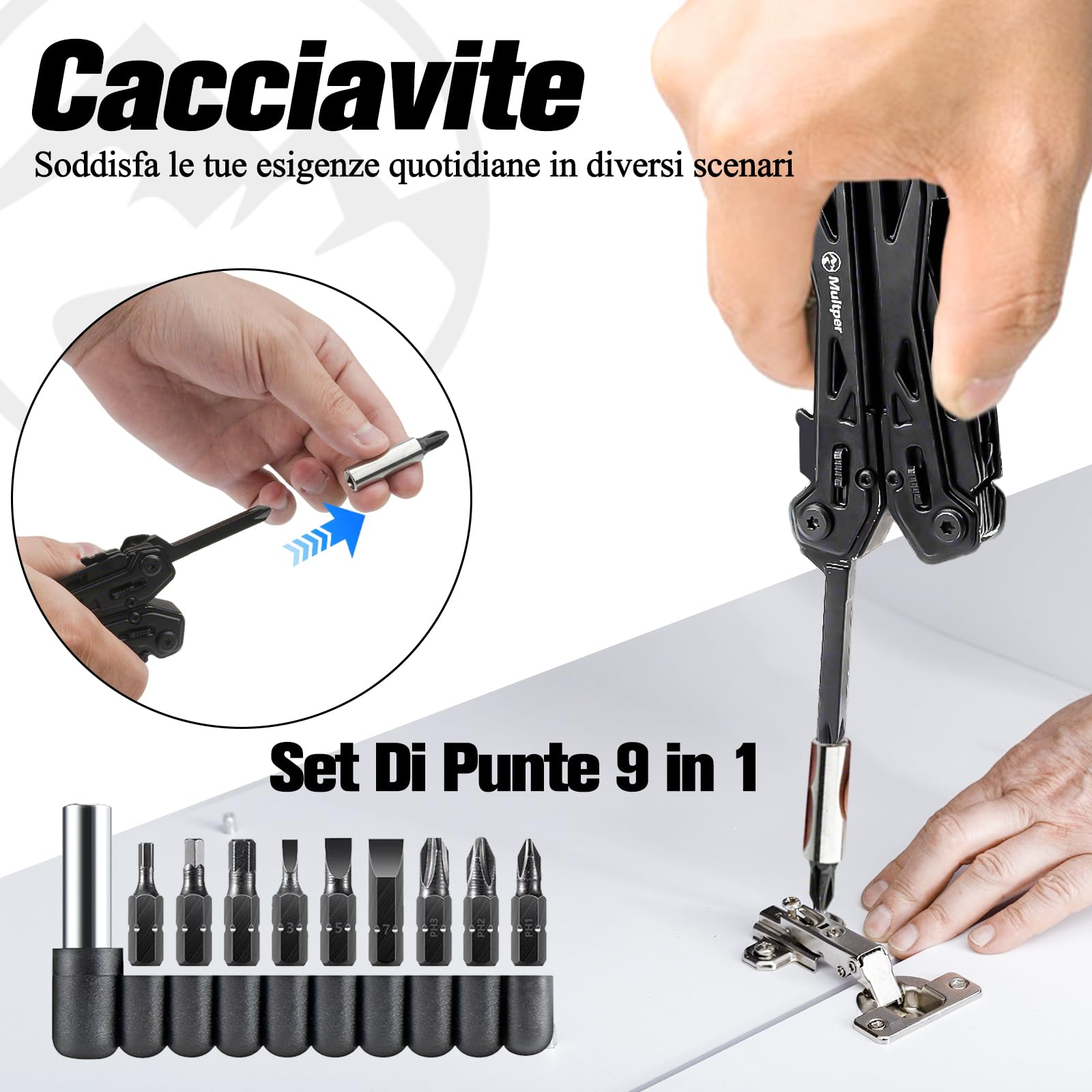 Multper Regalo Uomo, 26-in-1 EDC Multitool, Pinza Multiuso con Coltellino, Pinze Ad Ago, Tronchesino, Set di Cacciaviti e Altro, Attrezzatura di Sopravvivenza e Campeggio, Acciaio Inossidabile, Nero