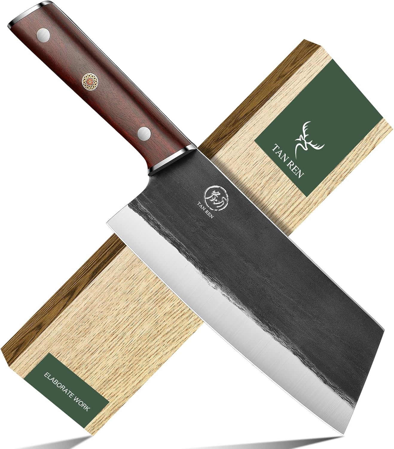 TAN REN 7.5 Inch Meat Cleaver Knife and 6 Inch Boning Knife for Meat Cutting, Heavy Duty Bone Chopper, High Carbon Steel Butcher Knife for Home Kitchen Gifts Idea