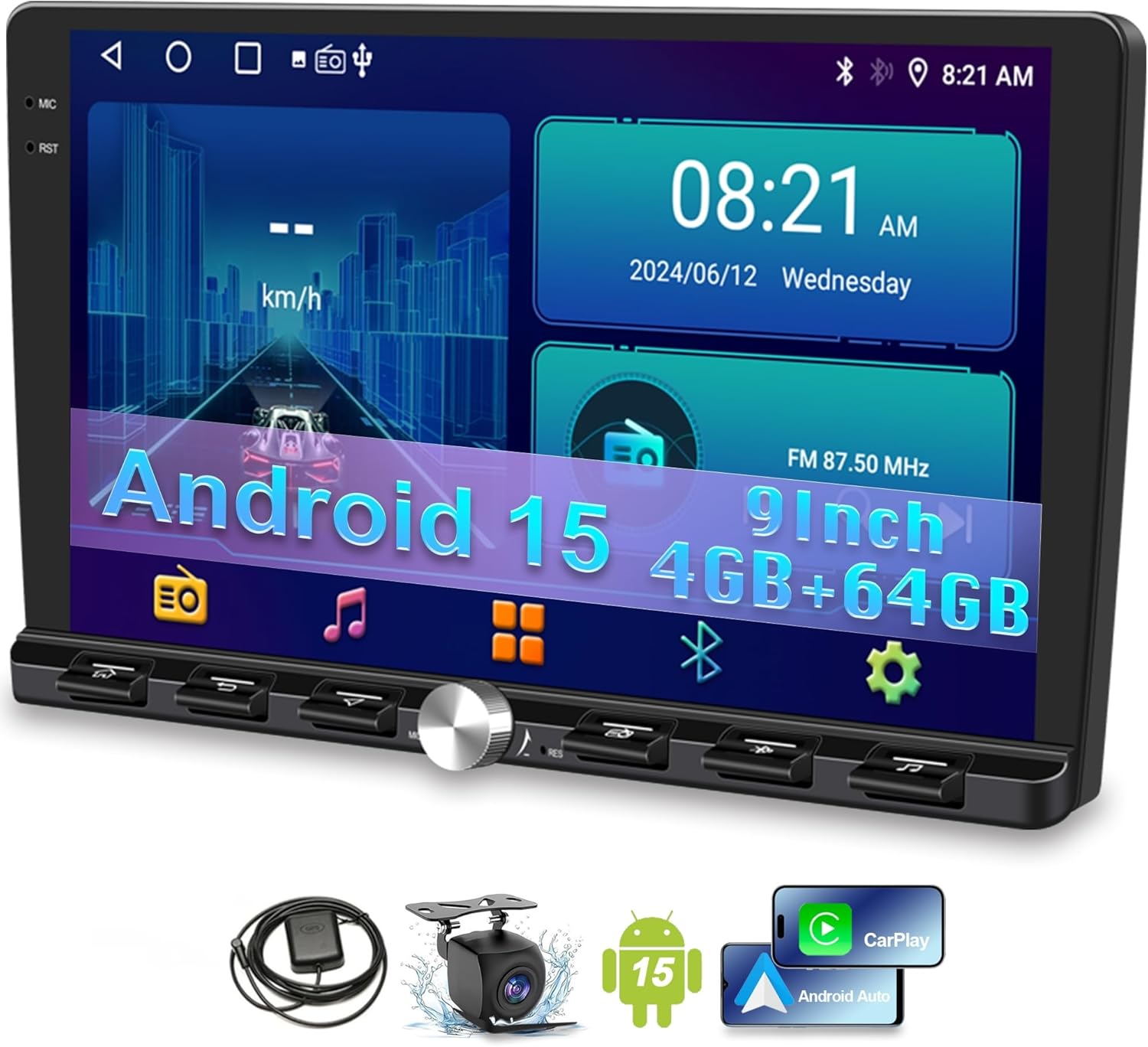 [4+64GB] 9 Double Din Car Stereo Android 15, CarPlay & Android Auto, 9" IPS touchscreen