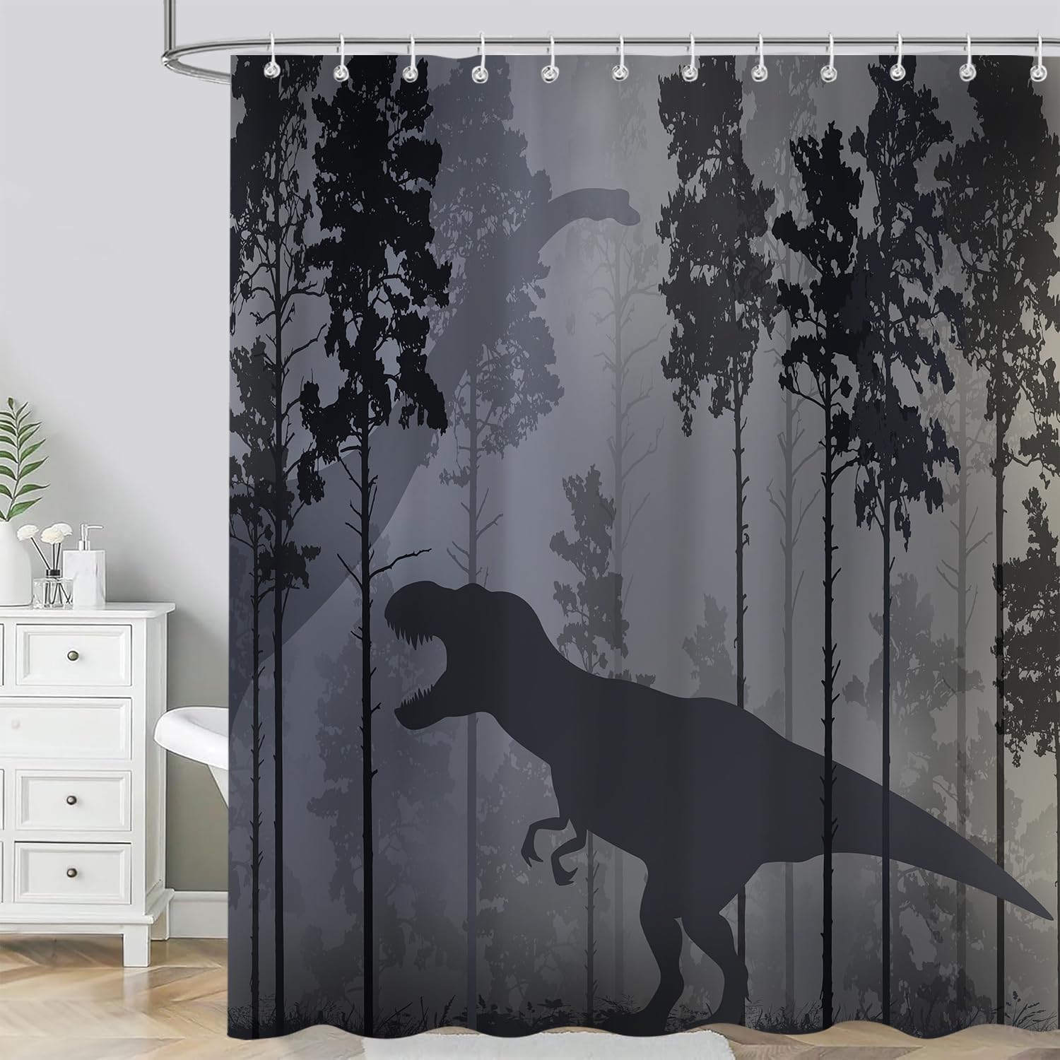 Funny Dinosaurs Shower Curtain for Bathroom, Black Misty Woodland Foggy Dino Silhouette Wildlife Bathroom Curtain for Kids Boys Men, Polyester Fabric Bathroom Accessories Set with Hooks 72X78IN