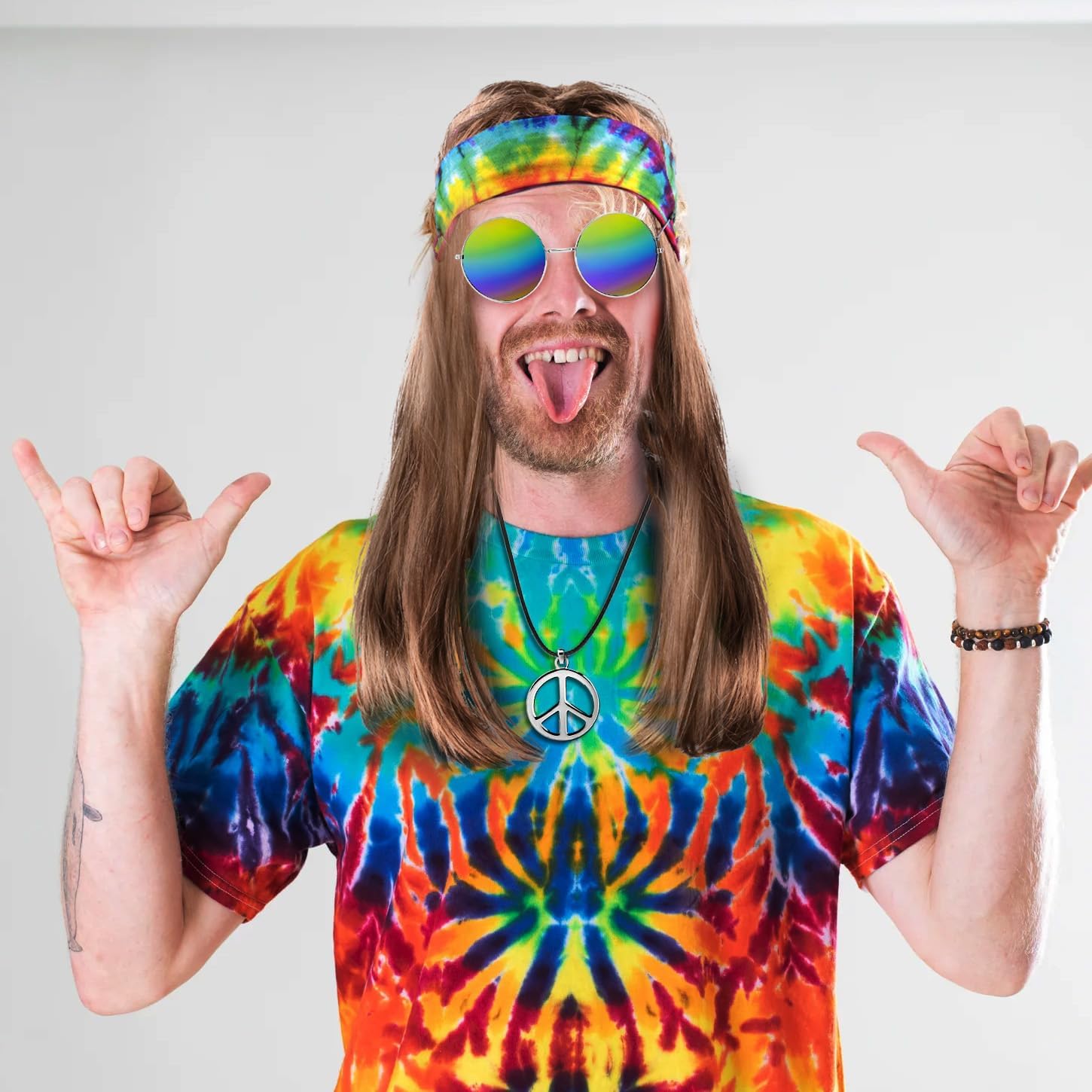 MOVINPE Hippie Accessories for Men - Hippie Wig Sunglasses Peace Sign Necklace Tie Dye Headbands, Halloween Costume 70s Disco Style 60s Outfit Fancy Dress Retro Night - Image 4