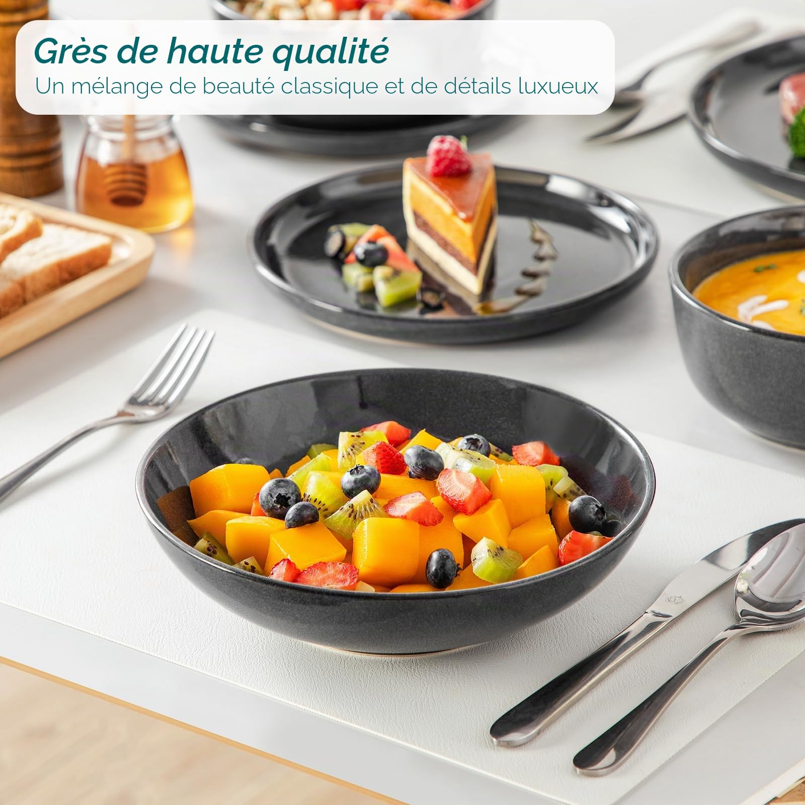 vancasso Série ANYA Assiettes Service de Table 24 Pièces pour 6 Personnes, Vaisselle en Grès - Glaçure Gris Double Flambé - Passe au Micro-Ondes, au Four et Au Lave-Vaisselle