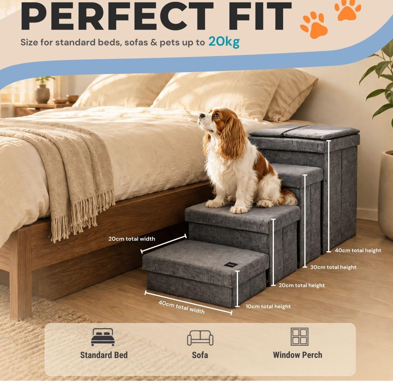 Dog Steps for high Bed with Cushion, Foldable Dog Stairs for Small Medium or Large Dogs Puppy with Storage for Bed or Couch, Pet Steps Ramp with Zip up to 200 lbs, Grey, 4 Steps