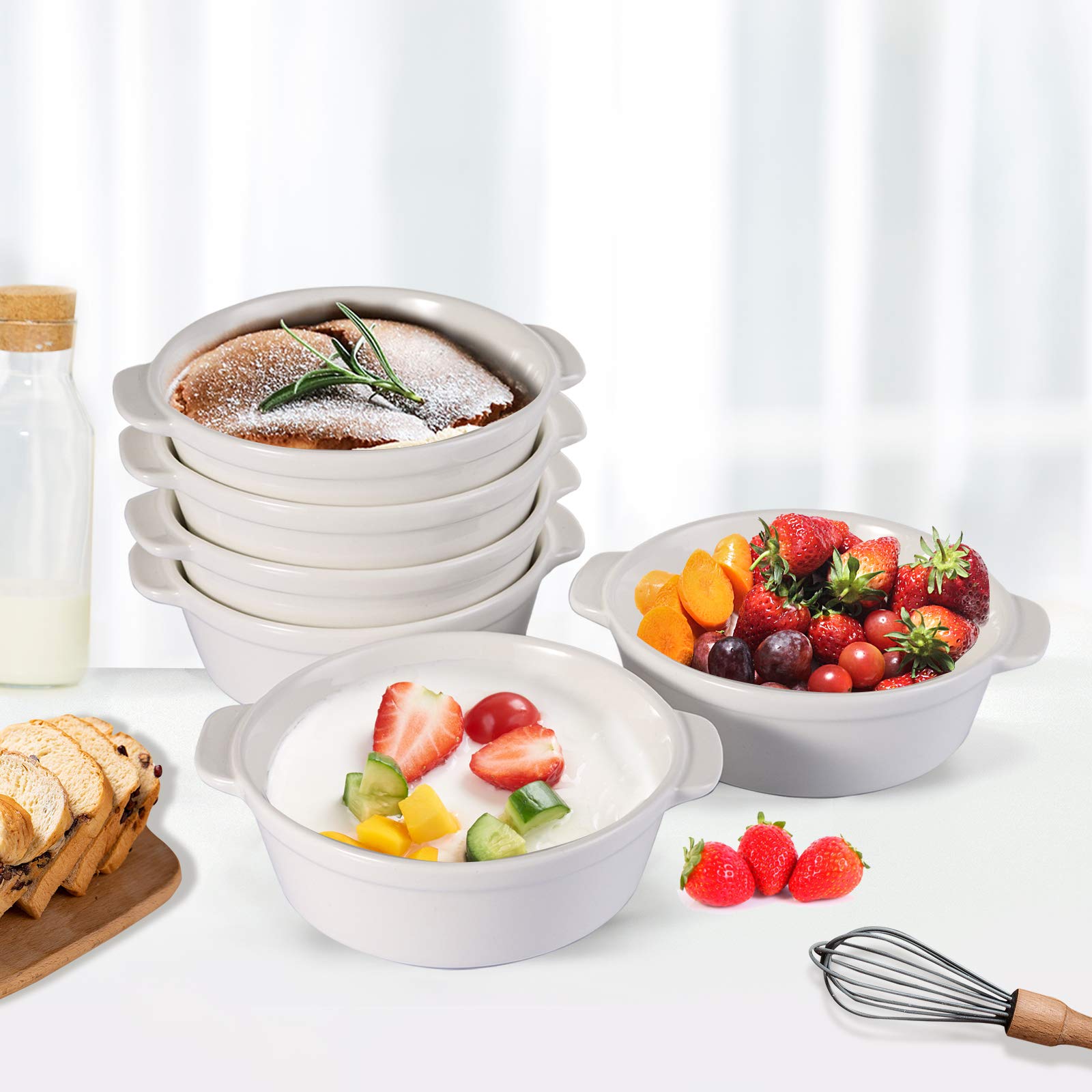 Foraineam Paquete de 6 platos de porcelana de 10 onzas con doble asa redonda Ramekins para hornear pudín, crema brulee, soufflé