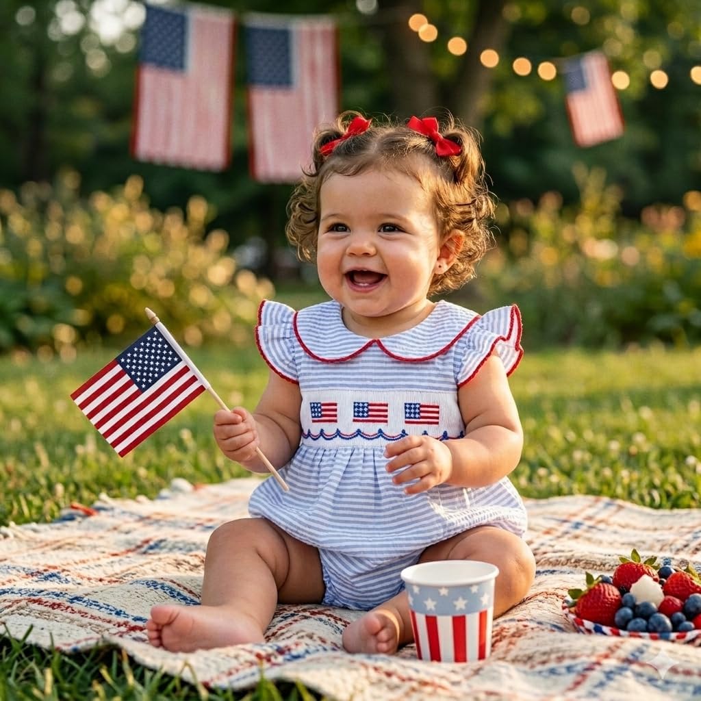 Twopumpkin Baby Girl 4th of July Romper Striped American Flag Embroidered Doll Collar Flying Sleeve Infant Jumpsuit
