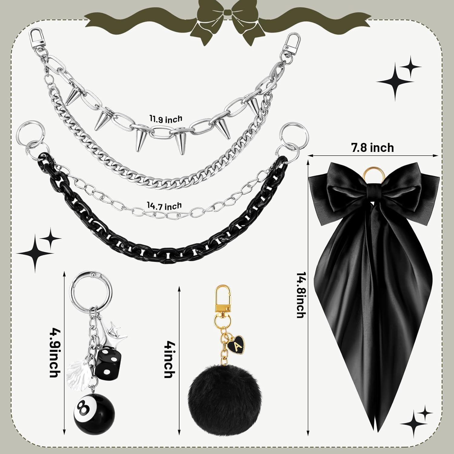 5 Pcs Tote Bag Accessories Set for Women,Punk Bag Charms Decorative Bow Chain Charms & Lucky 8 Ball Keychain Charms,Compatible with Camino 20/35/50 Carryall,Beach Tote Bags