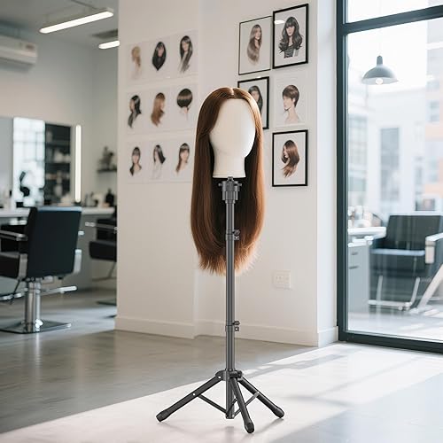 Miniatura 9 de Womnwomn Trípode para peluca, soporte de cabeza de maniquí ajustable de 50 pulgadas, soporte de cabeza de peluca para cosmetología, entrenamiento de
