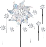 BATTIFE 10-Pack Reflective Pinwheels with Stakes - Sparkly Silver Wind Spinners, Pre-Assembled Bird Deterrent for Garden Yard Lawn Decor