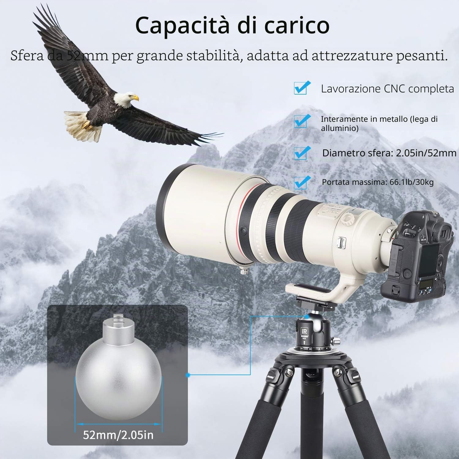 INNOREL N52 Treppiede a sfera a basso profilo con testa a sfera panoramica CNC in metallo con due piastre a sgancio rapido Arca Swiss per treppiede, monopiede DSLR videocamera carico massimo 30kg