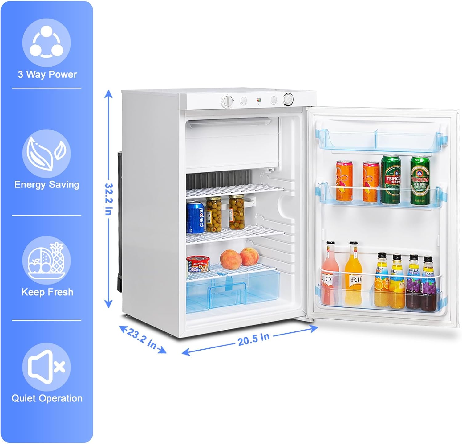 Techomey 3-Way Gas Refrigerator with dimensions and icons highlighting 3-way power, energy saving, fresh keeping, and quiet operation.