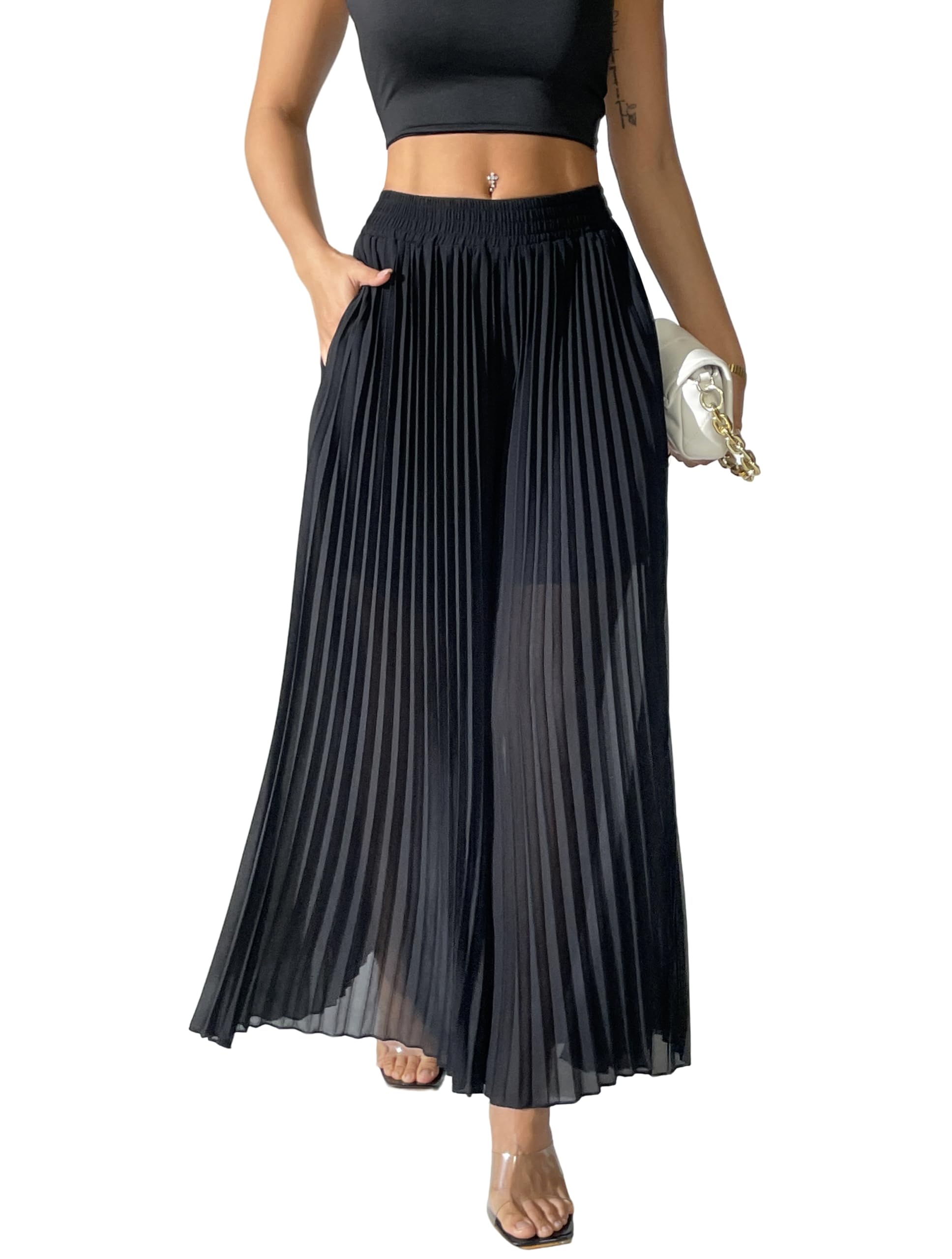 heipeiwa Womens Chiffon Pleated Wide Leg Palazzo Pants Crop Capris Culotte Dressy Casual Pants