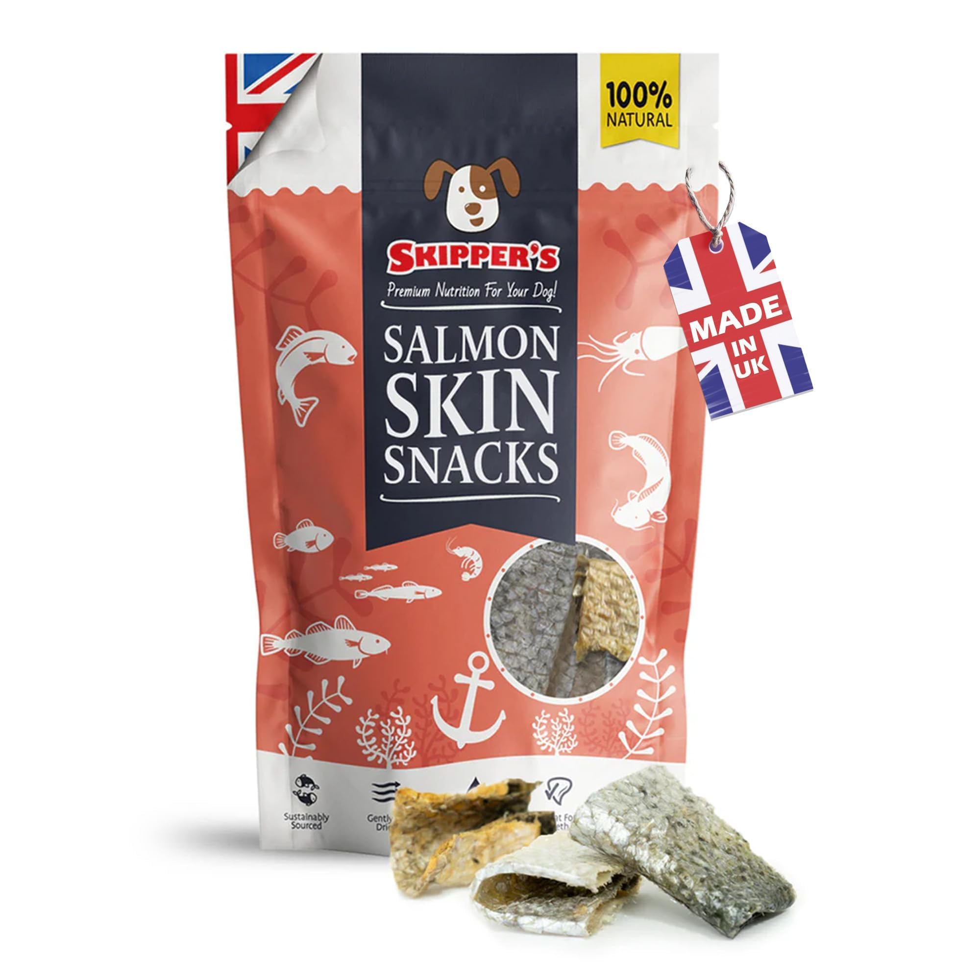 SKIPPER'S Salmon Skin Snacks Dog Treats - Gently Air Dried 100% Salmon Skin Chews Good for Cleaning Teeth, Essential Omega 3 Oils, Hypoallergenic, Wheat & Gluten Free Fish Treats for Dogs | (1.23 Oz)