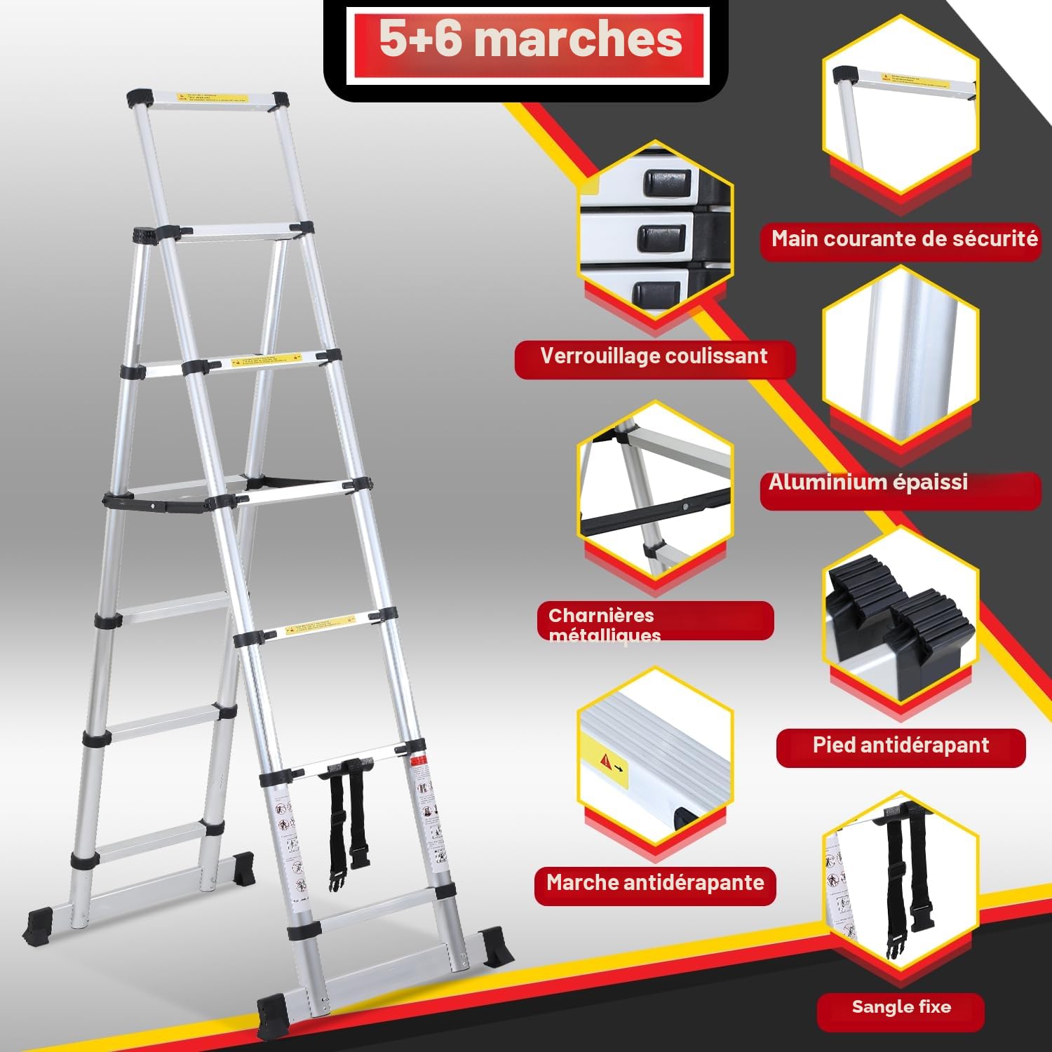 Échelle télescopique Pliante - 1,7 m + 2,0 m - en Aluminium - Cadre A - 5 + 6 échelons - Antidérapante - Charge maximale : 150 kg