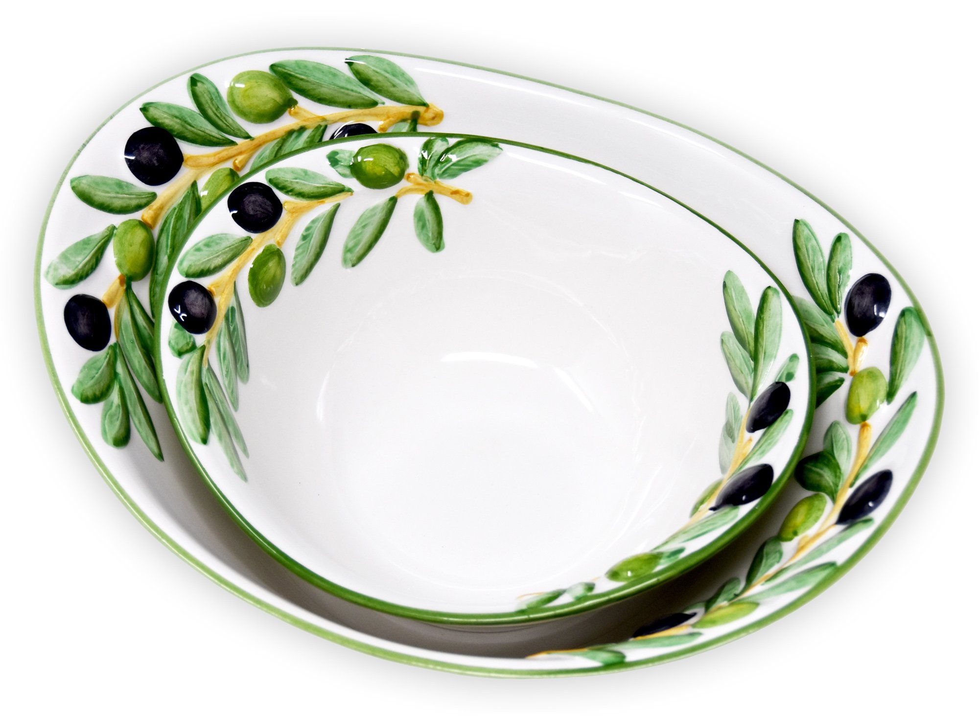 Lashuma 2er Set Handgearbeitete Ovale Keramikschale mit Olivenrelief 20 x 17 cm und Handbemalte Runde Salatschüssel 25 x 21 cm im Geschenkset