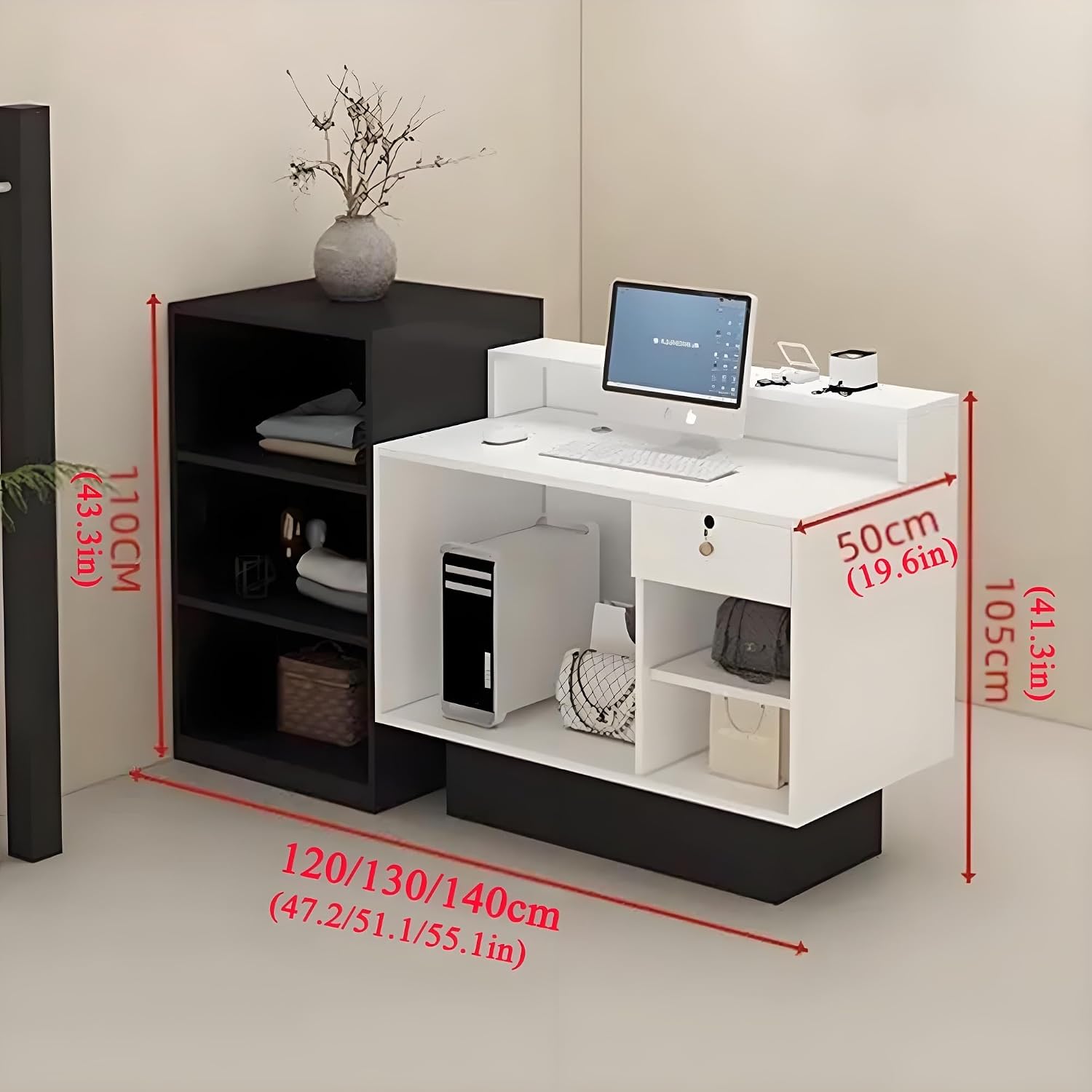 Reception Desk, Front Counter, Reception Counter, Counter Desk for Checkout, with Lockable Drawer, Retail Checkout Counter Table for Shop, Salons, Reception Room(Brown,130cm/51.1in)